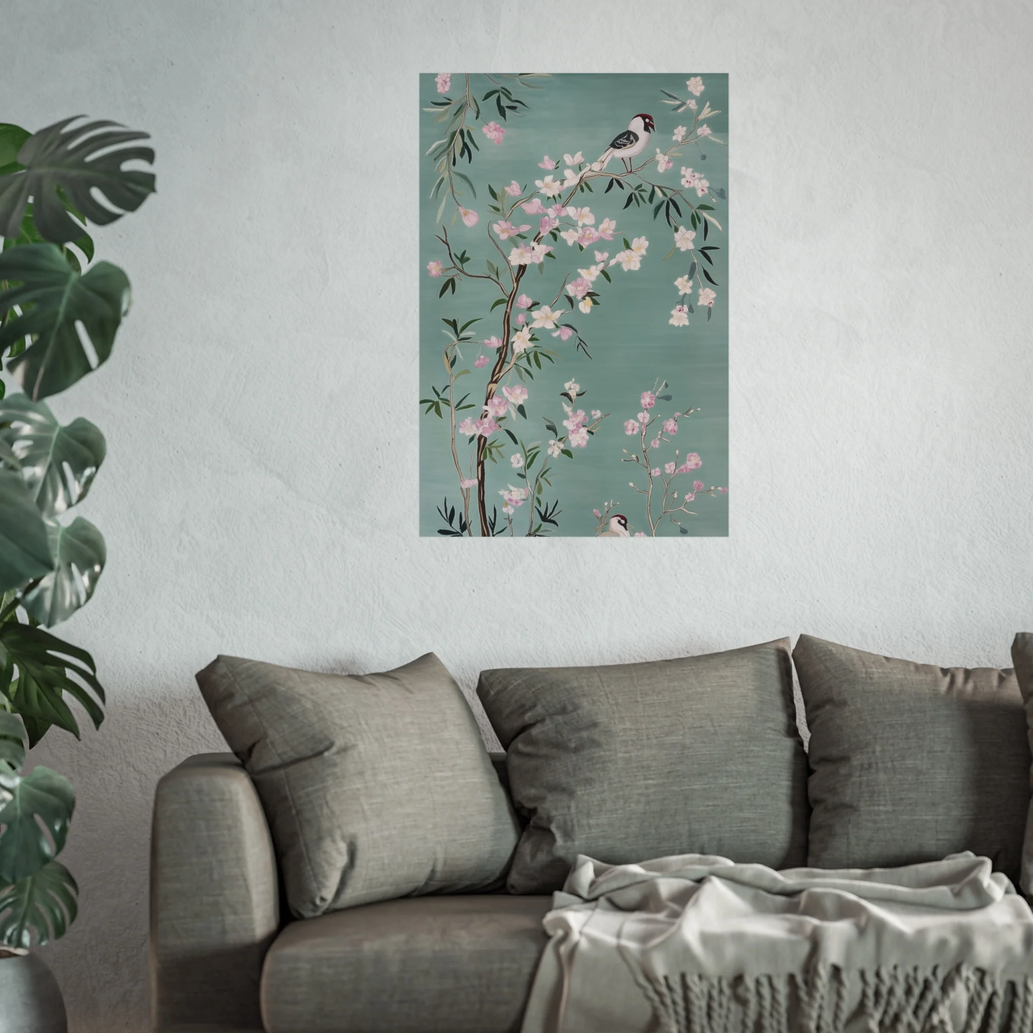 Green Chinoiserie Birds and Pink Cherry Blossom Fine Art Poster - Image 43