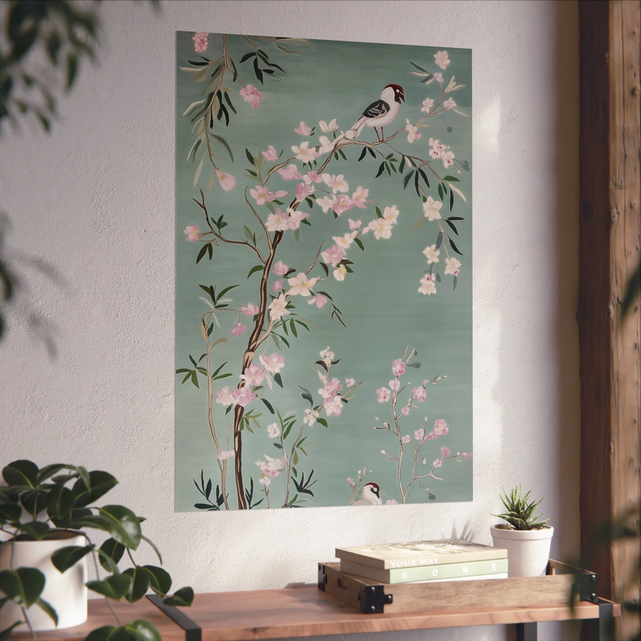 Green Chinoiserie Birds and Pink Cherry Blossom Fine Art Poster - Image 44