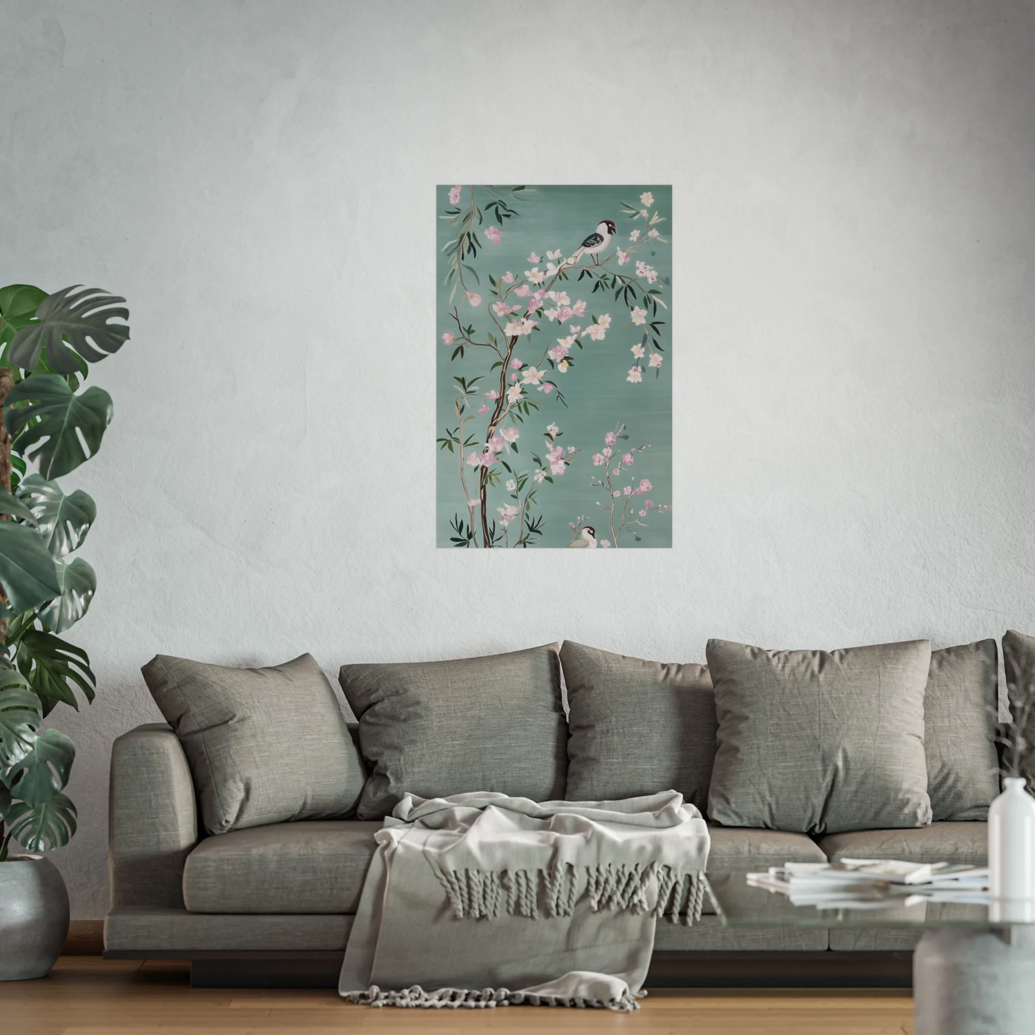 Green Chinoiserie Birds and Pink Cherry Blossom Fine Art Poster - Image 45