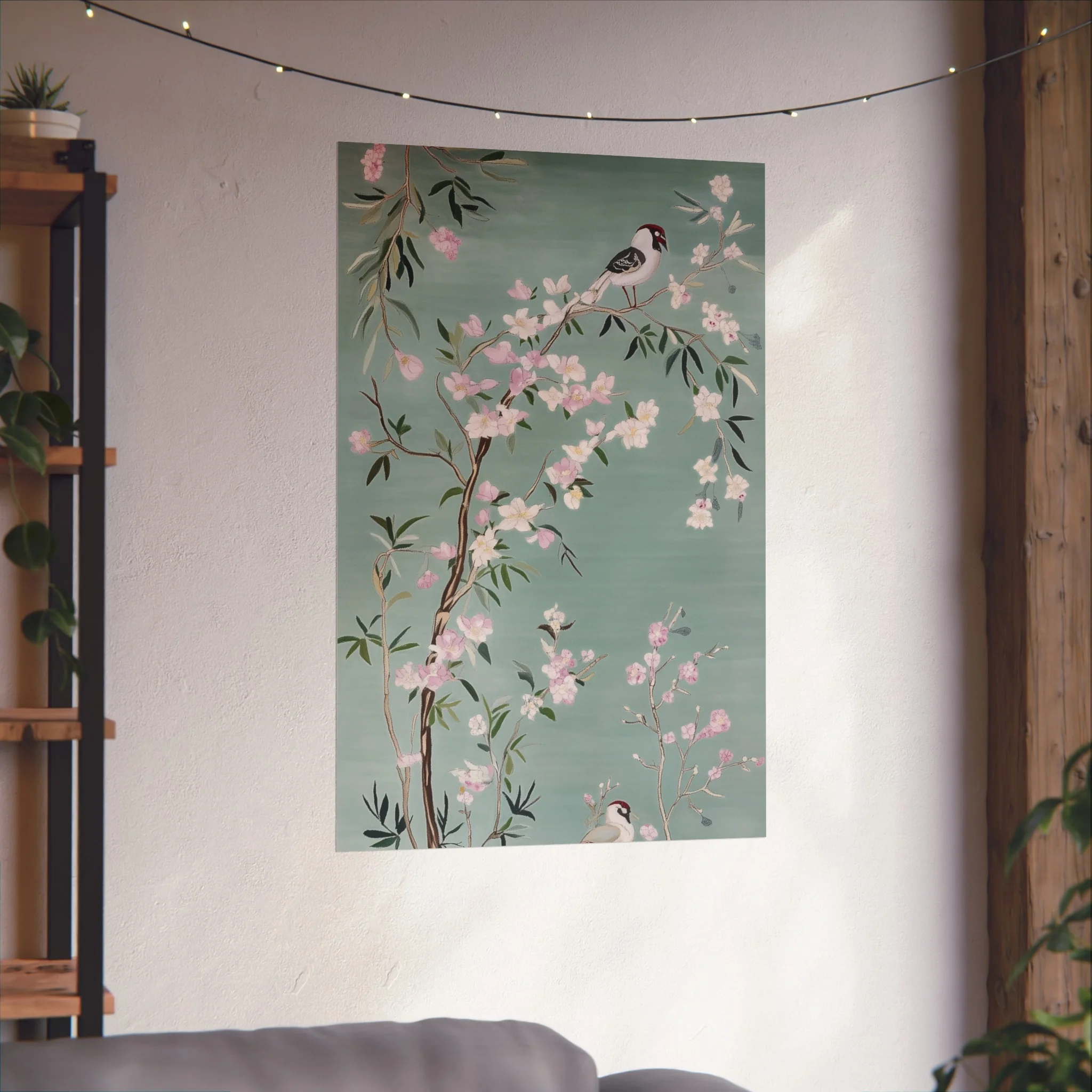 Green Chinoiserie Birds and Pink Cherry Blossom Fine Art Poster - Image 46