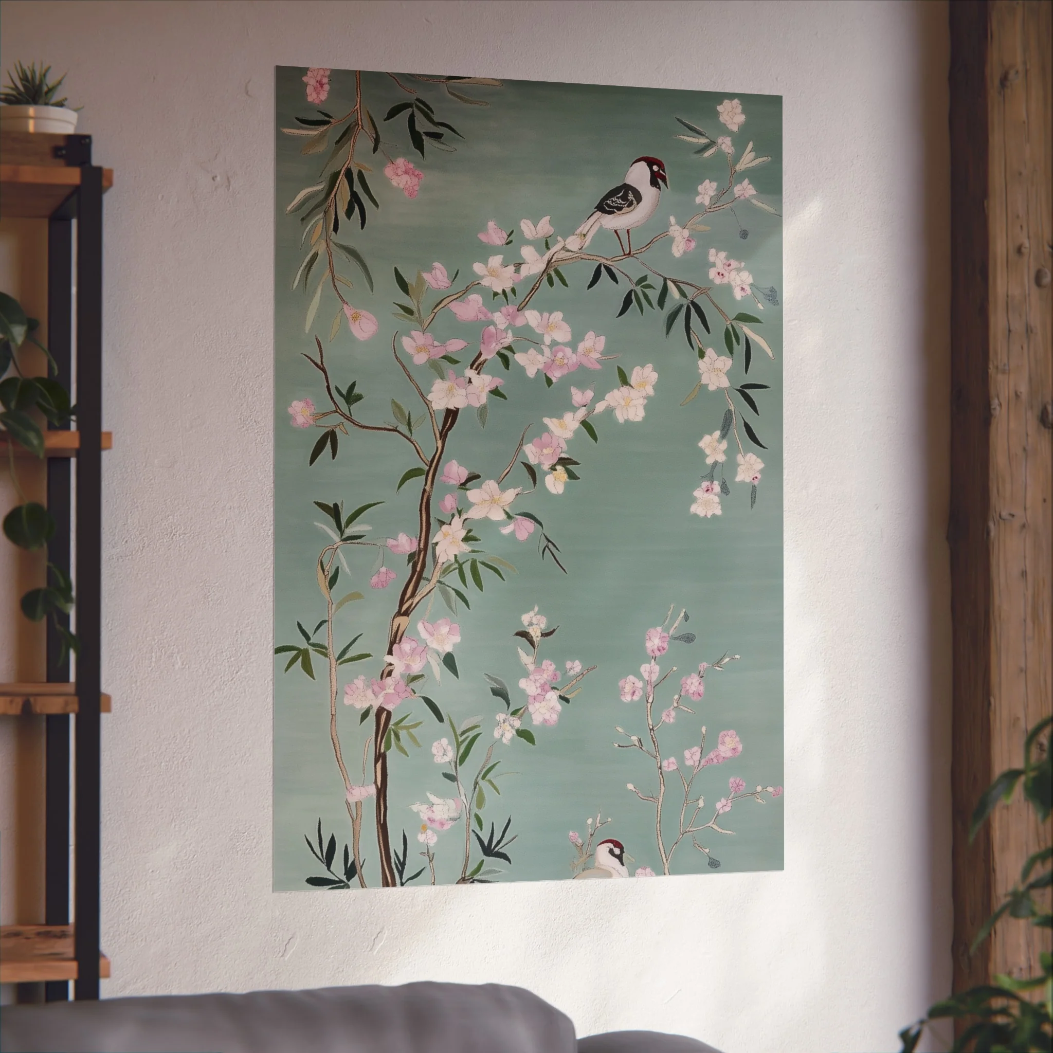 Green Chinoiserie Birds and Pink Cherry Blossom Fine Art Poster - Image 48
