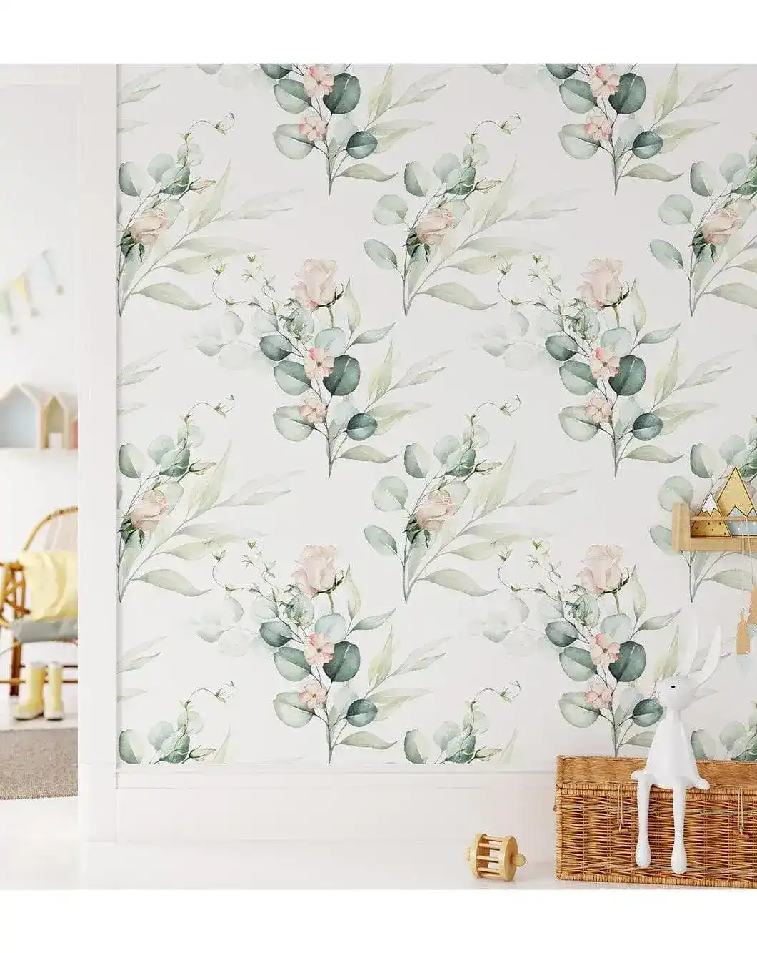 Green Eucalyptus and Roses Leaves and Branches Watercolor Botanical Wallpaper - Image 3