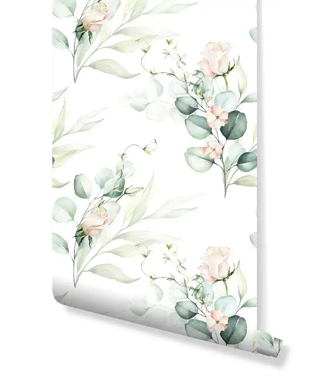 Green Eucalyptus and Roses Leaves and Branches Watercolor Botanical Wallpaper - Image 4