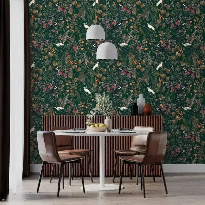 Green Flowers and Exotic Birds Watercolor Wallpaper - Image 5