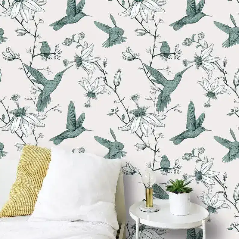 Green Flying Hummingbird Floral Wallpaper - Image 7