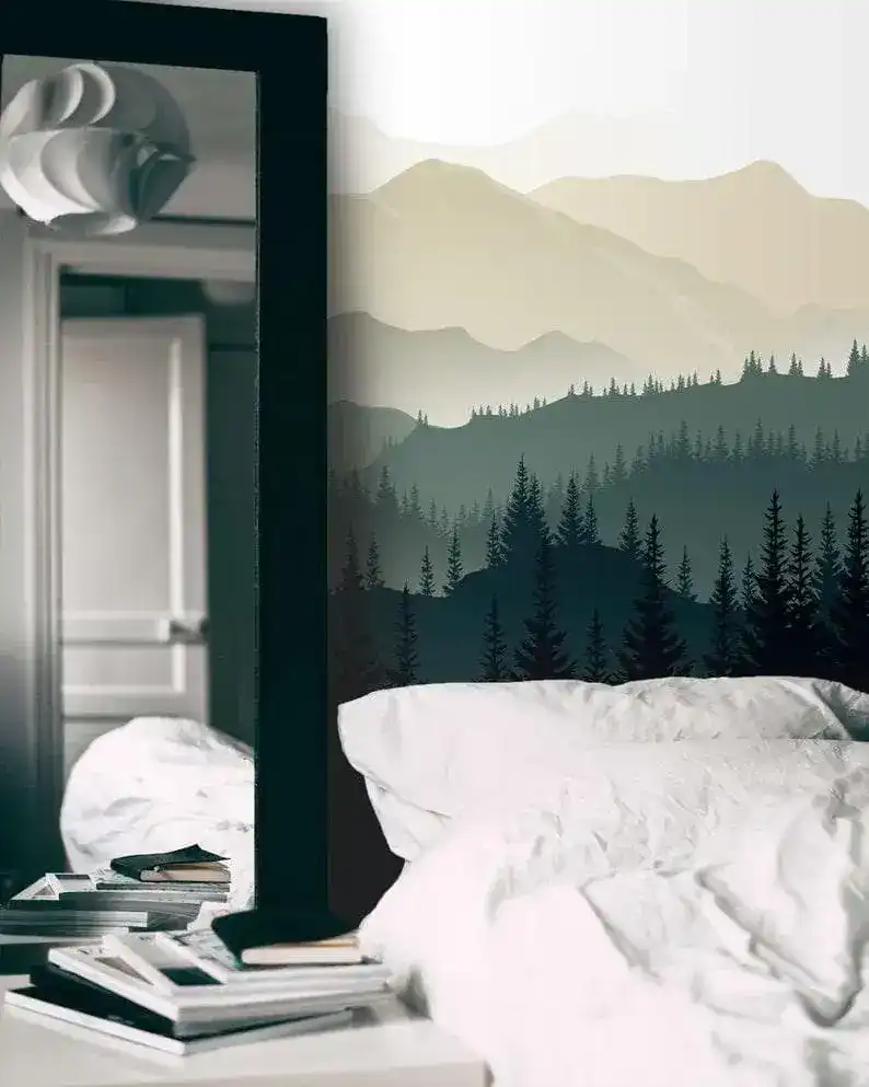 Green Foggy Pine Forest Nature Wall Mural - Image 3