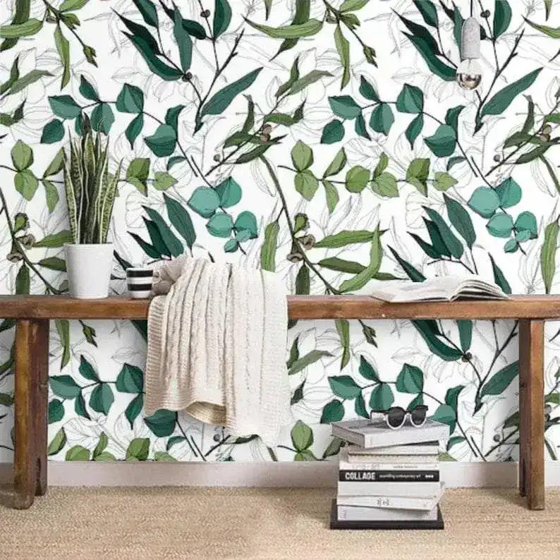 Green Leaves Botanical Watercolor Wallpaper - Image 2