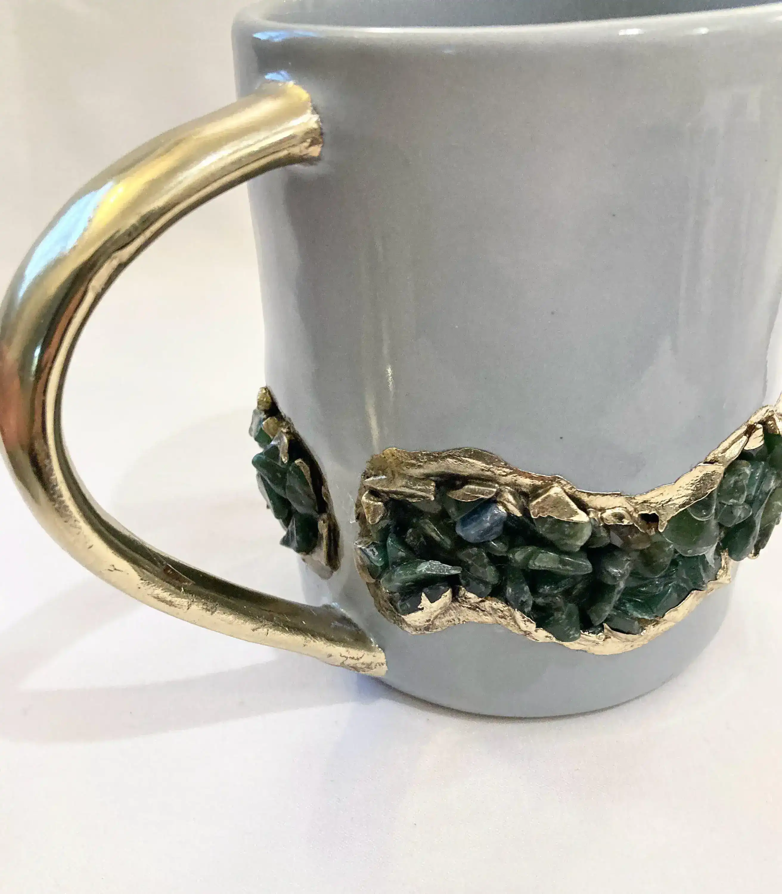 Green Quartz Marbled Gray Ceramic Coffee Mug with Gold Handle - Set of 2 - Image 4