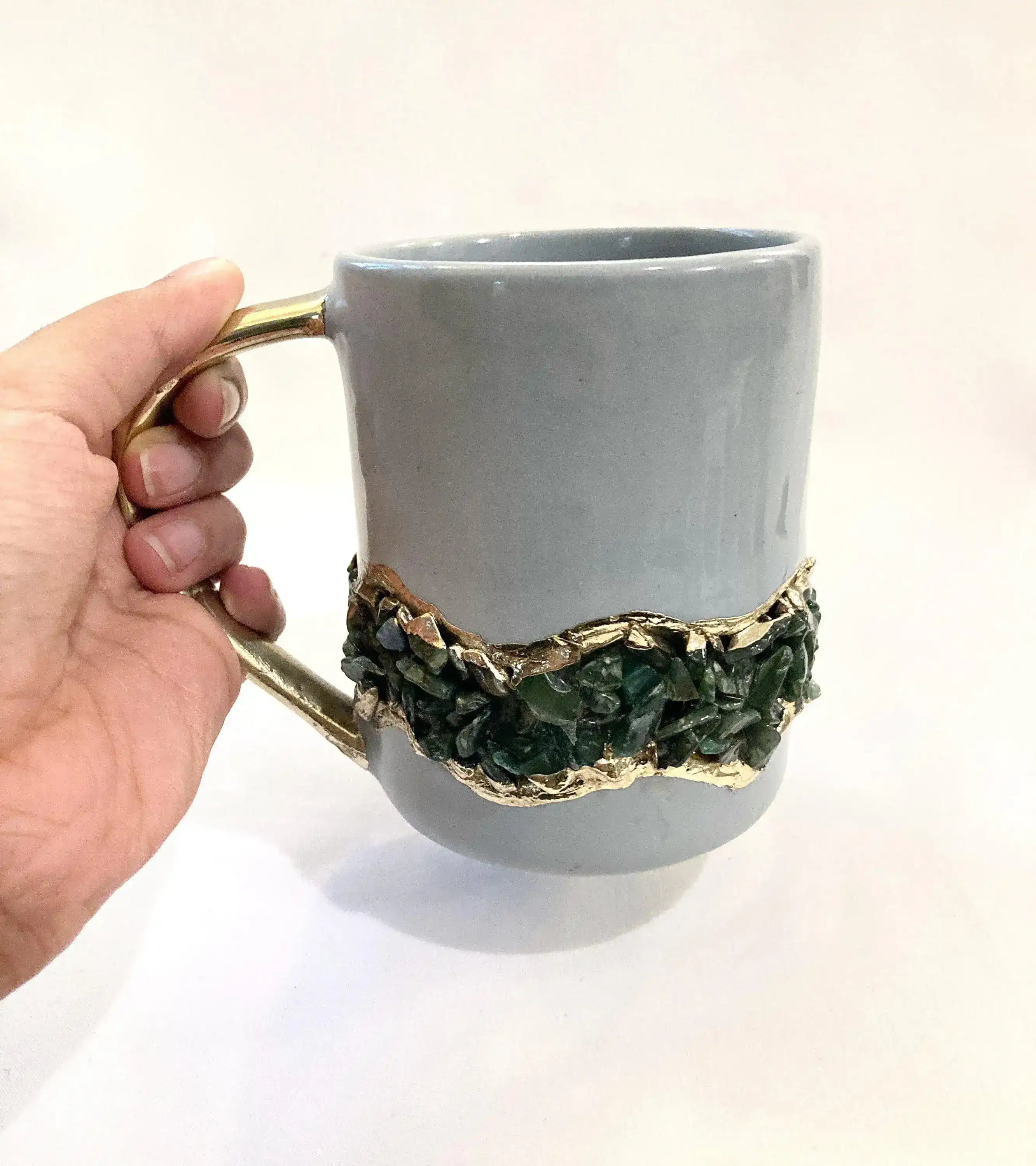 Green Quartz Marbled Gray Ceramic Coffee Mug with Gold Handle - Set of 2 - Image 5