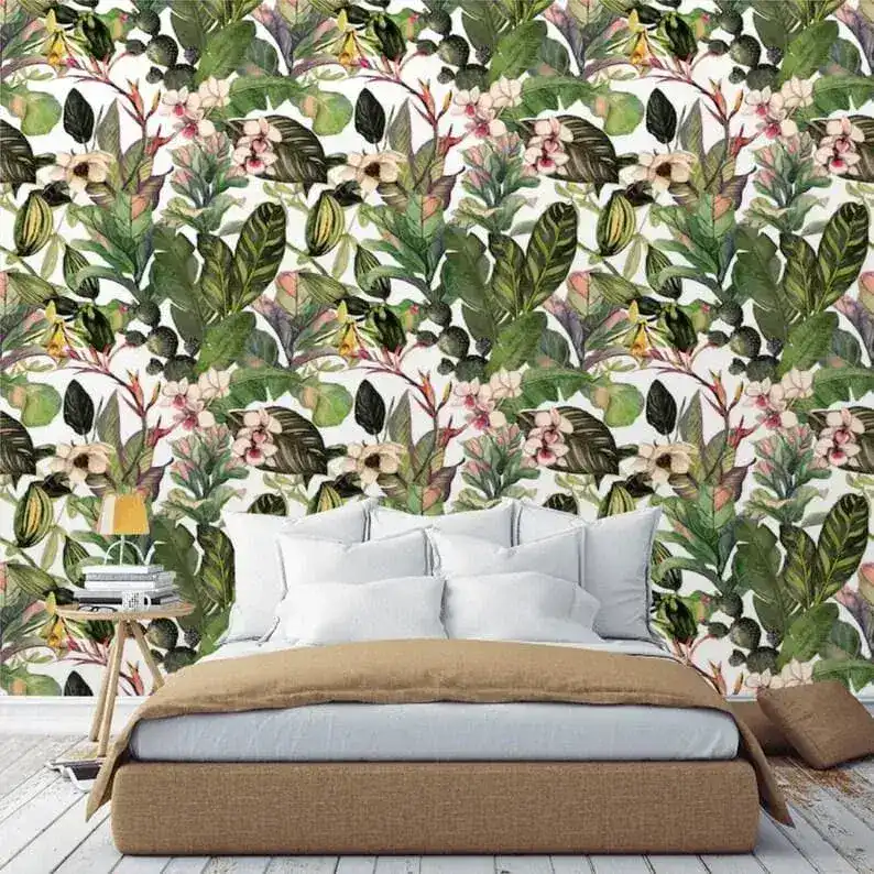 Green Tropical Leaves and Flowers Watercolor Wallpaper - Image 6