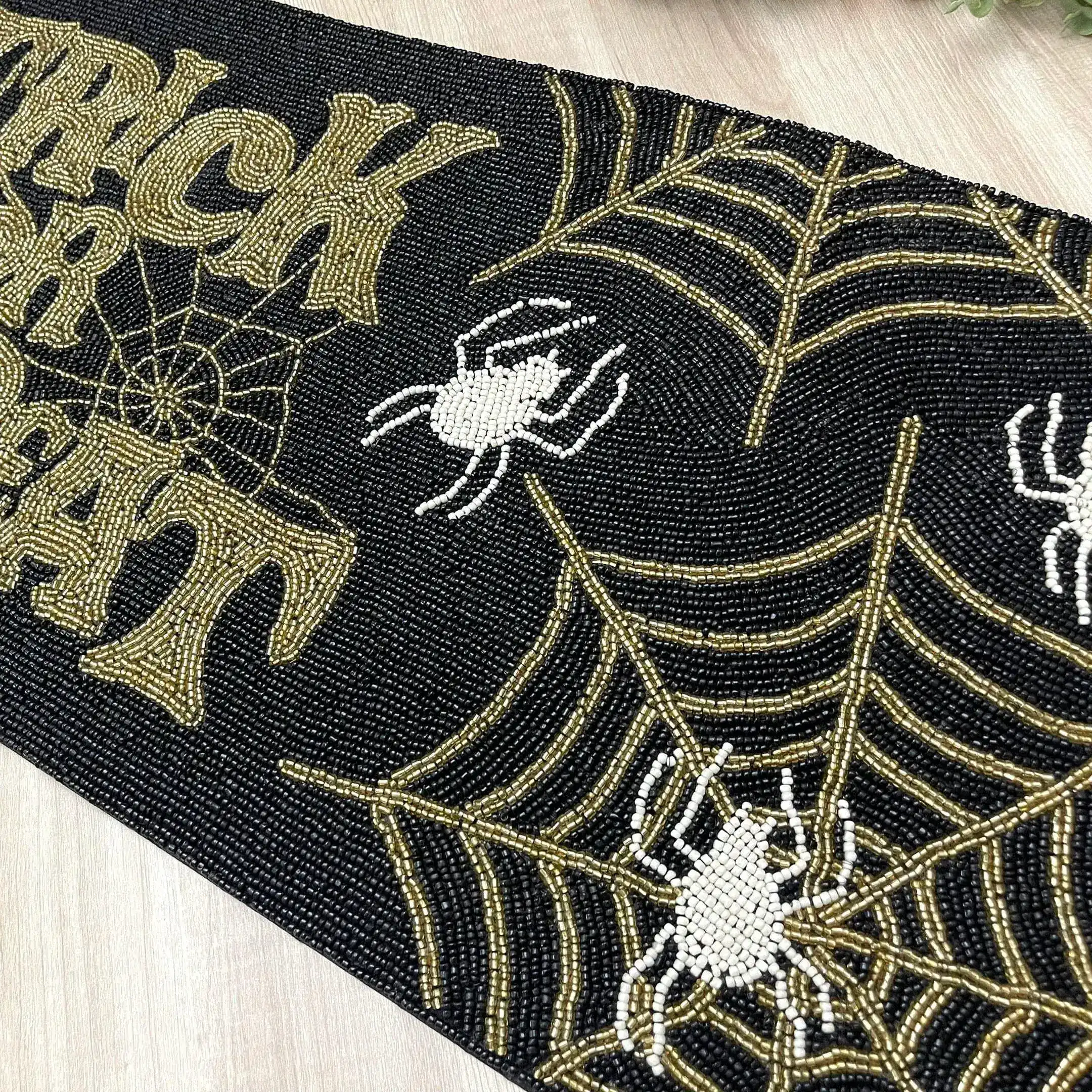 Halloween Trick or Treat Black and Gold Beaded Table Runner - Image 4