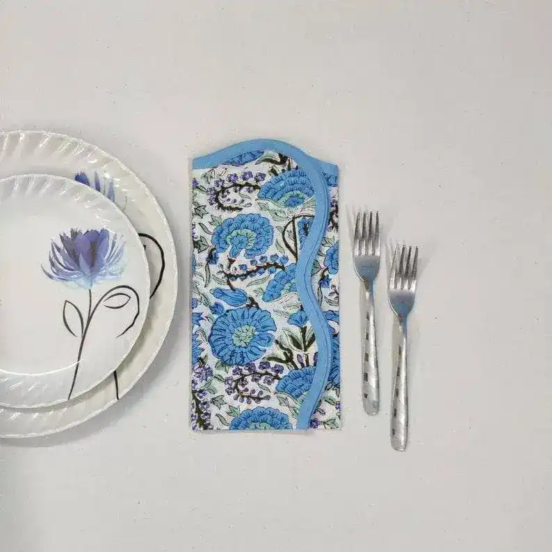 Hand-Block Light Blue Flower Scallop Cotton Napkins, Set of 4 - Image 5