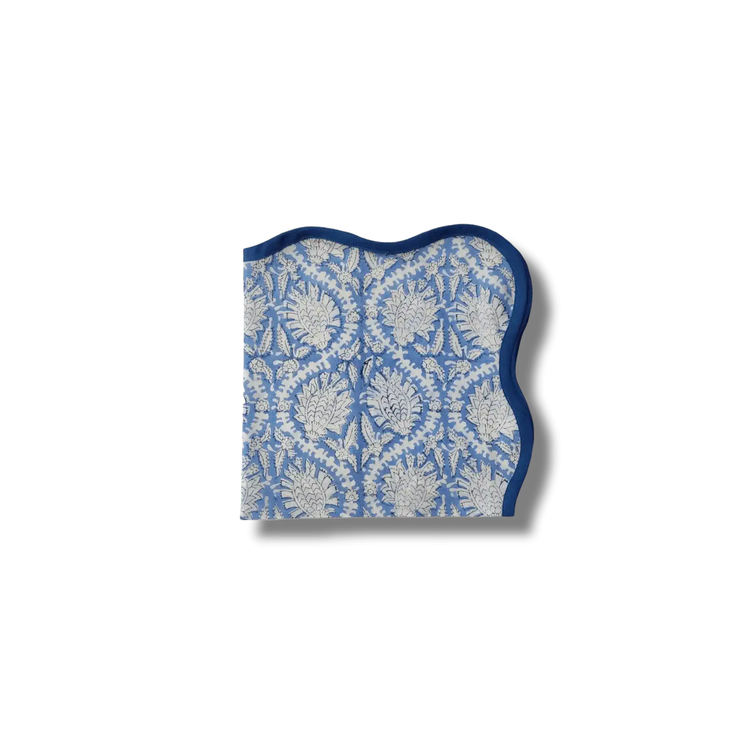 Hand Block Print Blue Wave Scallop Cotton Napkin Set of 4 - Image 4