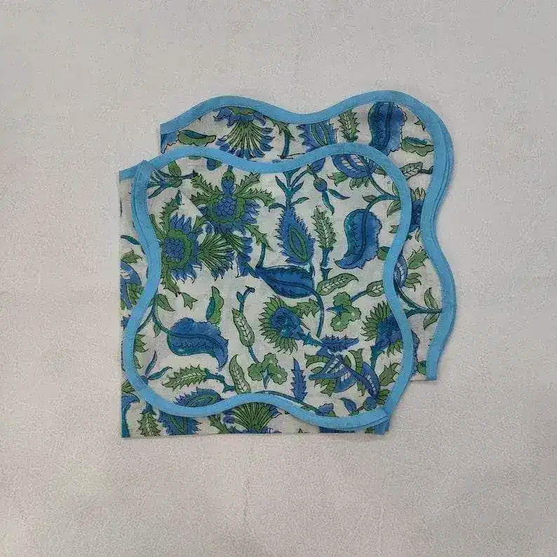 Hand Blocked Floral Motif Scalloped Cotton Placemats - Image 6