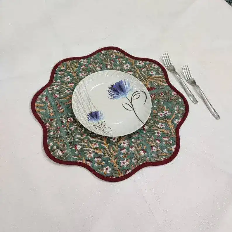 Hand Blocked Scallop Green Floral Round Placemats - Image 4