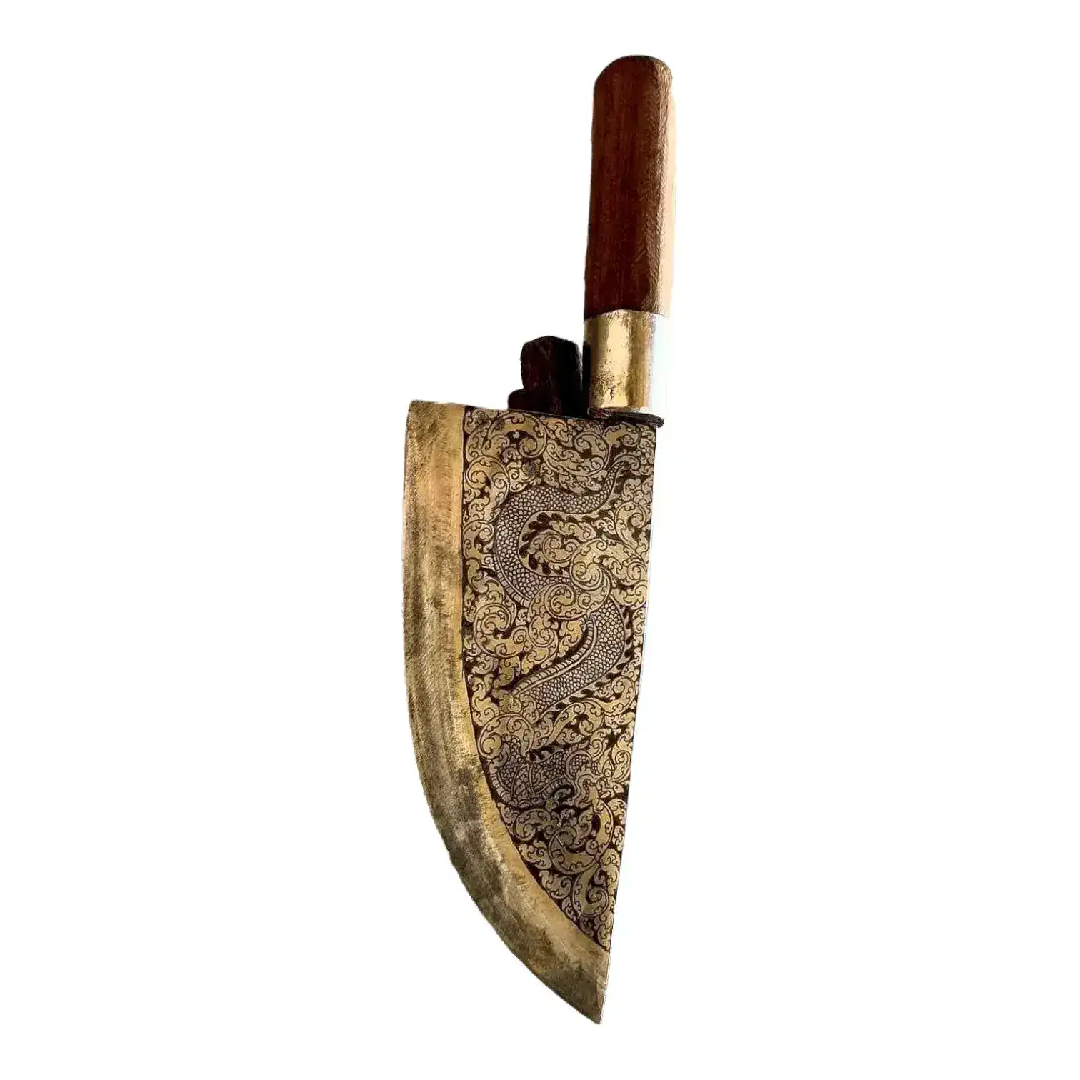 Hand Engraved Brass Khmer Ancient Butcher Knife and Wooden Handle - Image 2