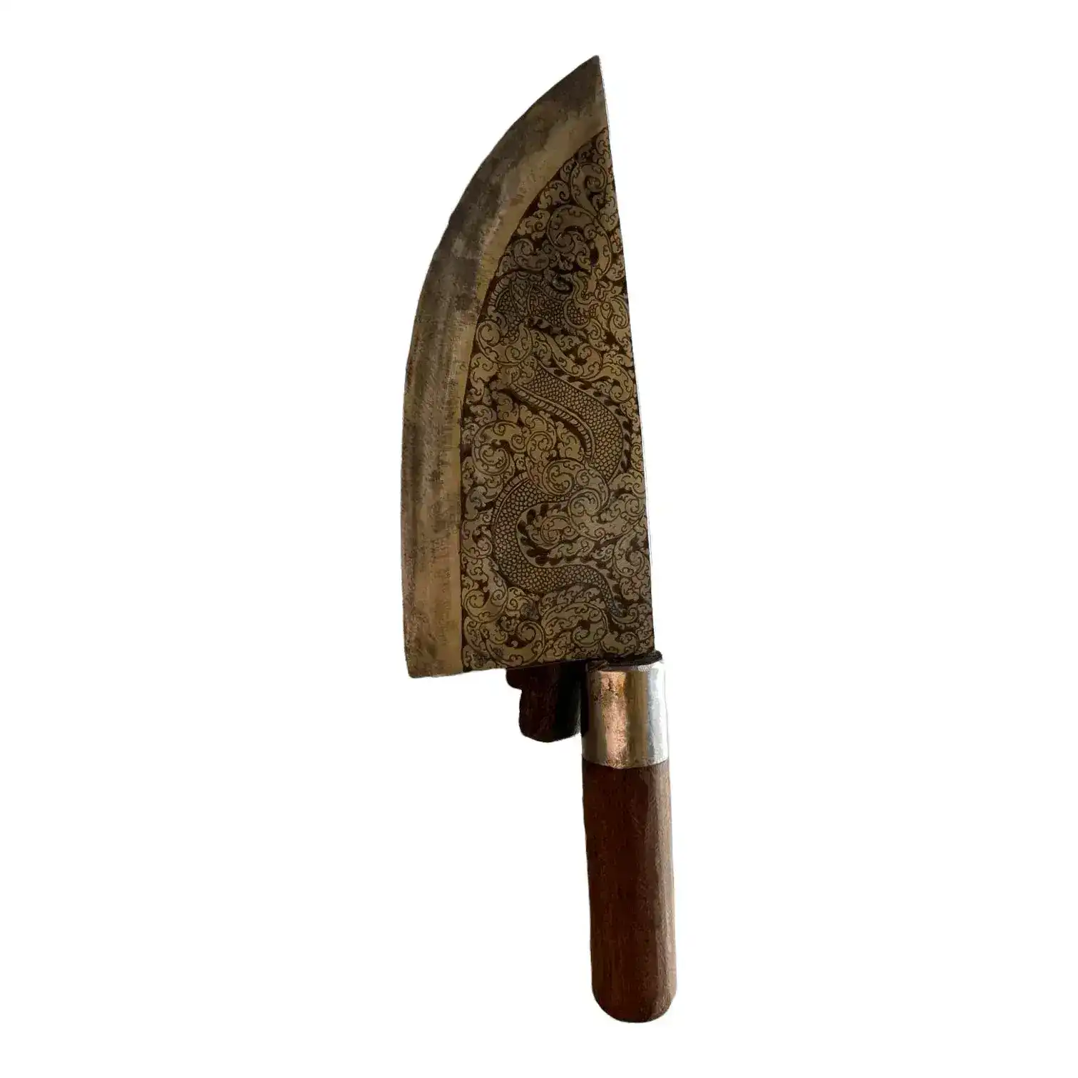Hand Engraved Brass Khmer Ancient Butcher Knife and Wooden Handle - Image 3