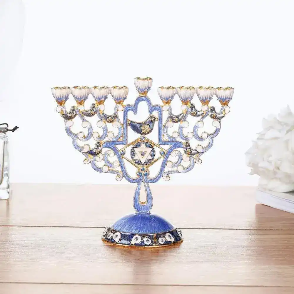Hand Painted Enamel Menorah Candelabra with Hamsa & Doves - Image 6