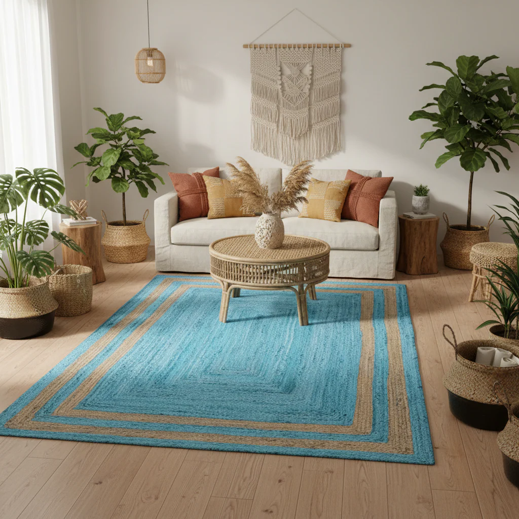 Handmade Chic Two-Toned Blue Jute Rug - Image 2