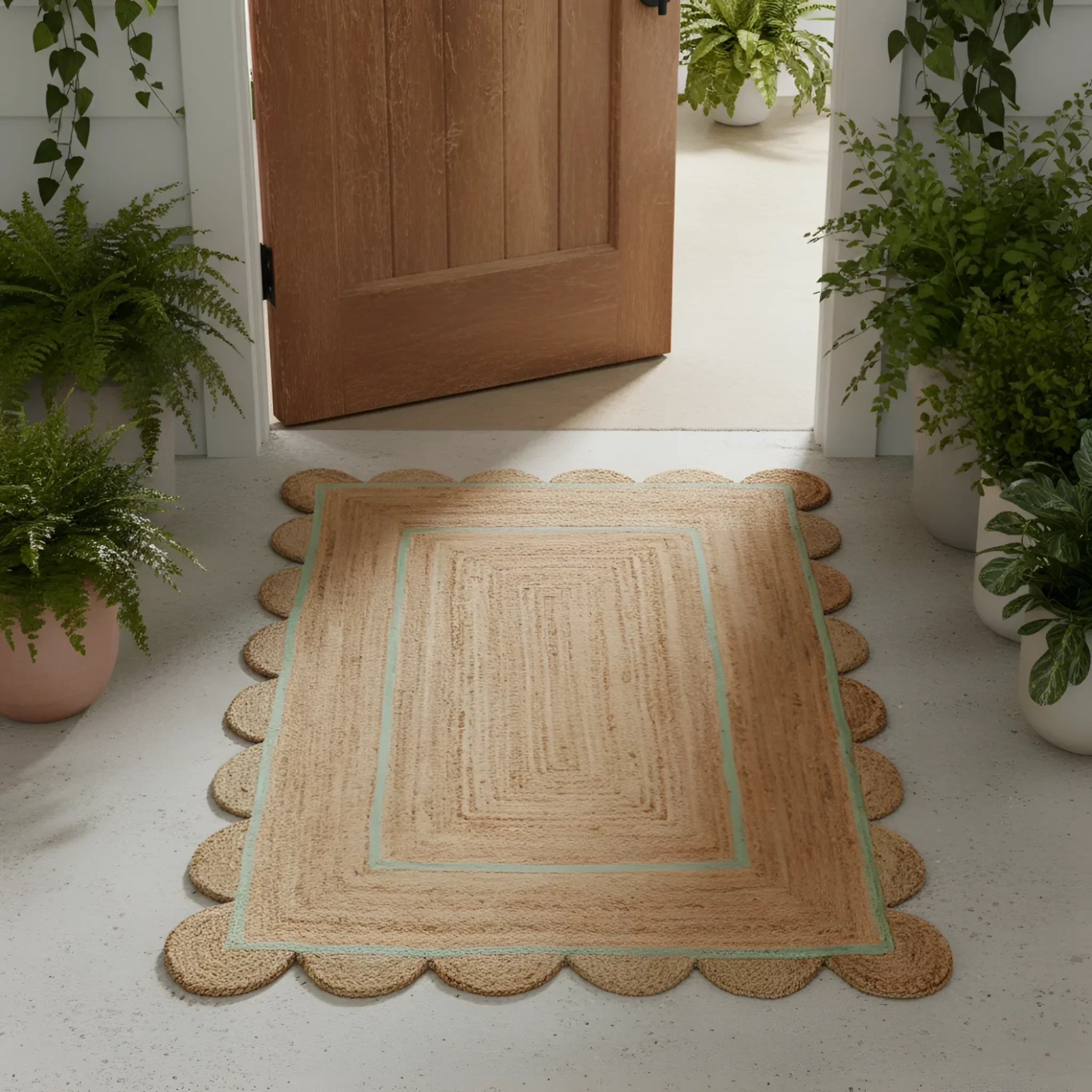 Handmade Turquoise Trim Scalloped Jute Rug - Image 3