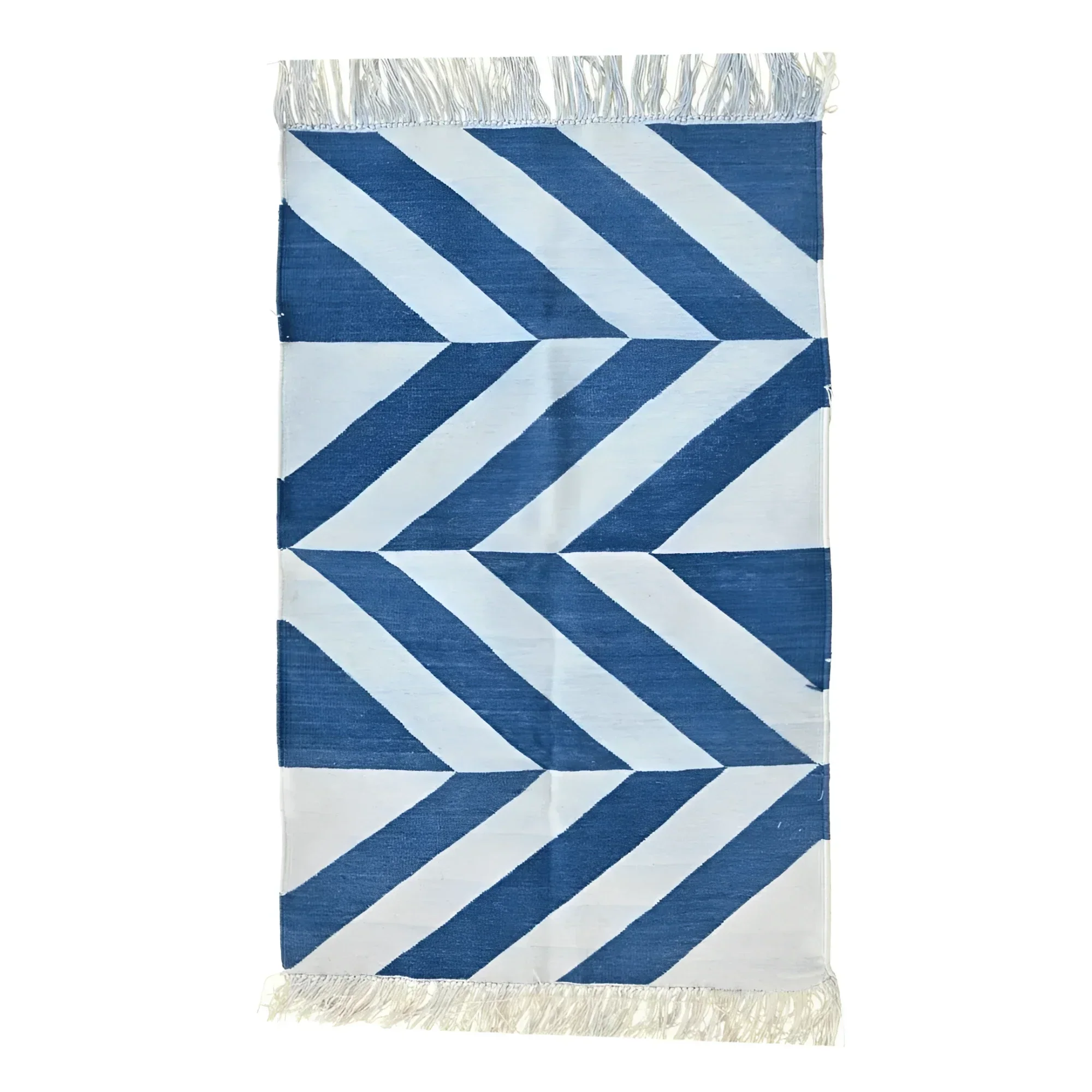 Handwoven Blue and White Chevron Cotton Rug with Fringes - Image 2