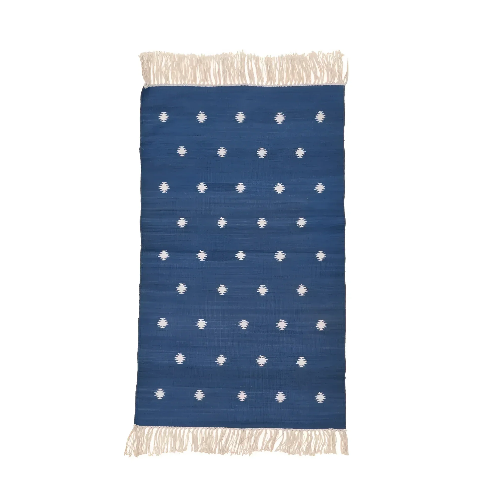 Handwoven Blue and White Diamond Cotton Rug with Fringes - Image 2