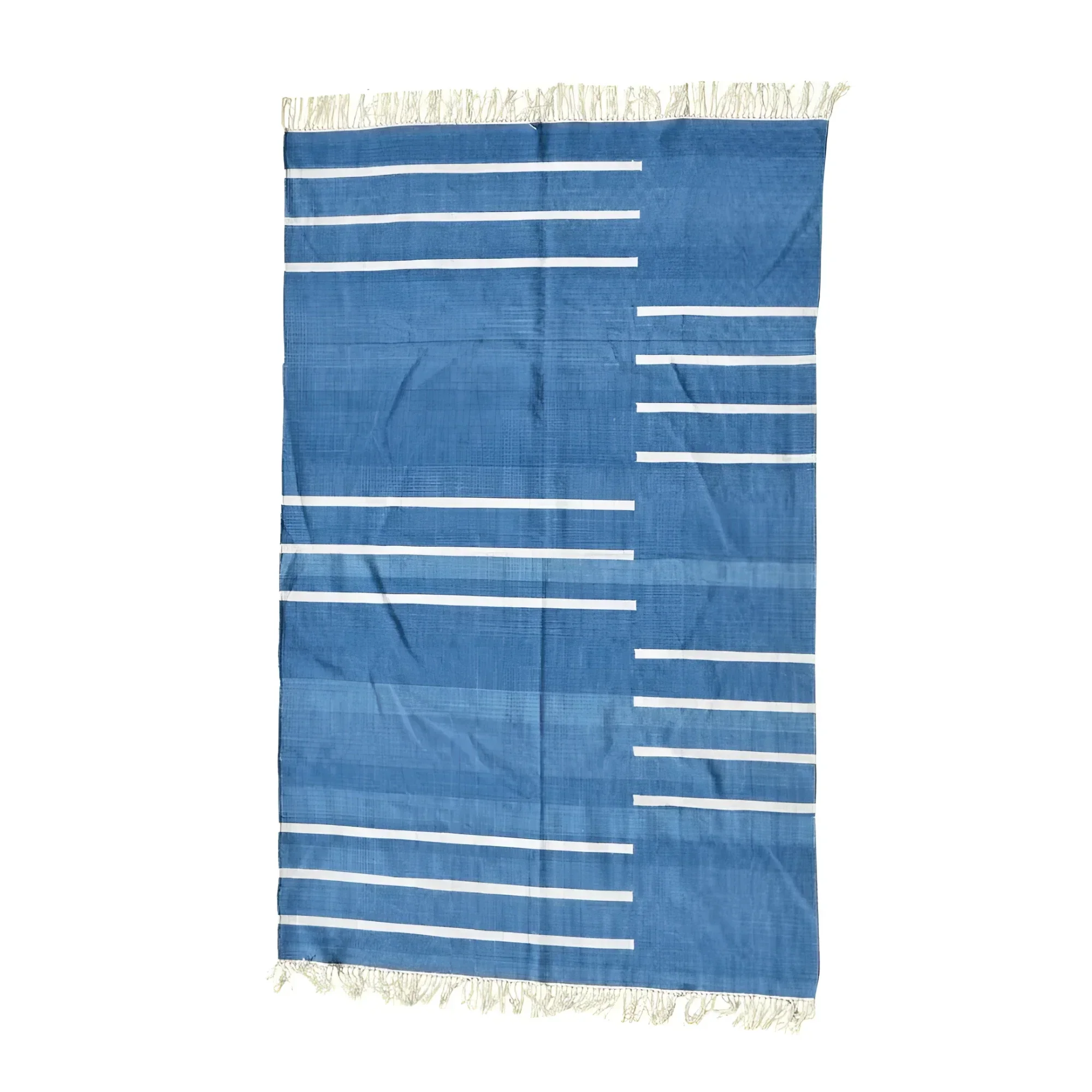 Handwoven Blue and White Minimalistic Stripe Cotton Rug with Fringes - Image 2