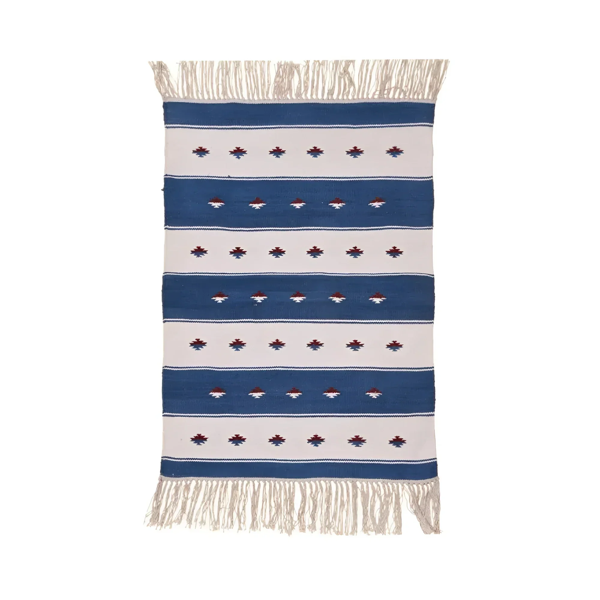 Handwoven Blue and White Stripe Accent Cotton Rug with Fringes - Image 2