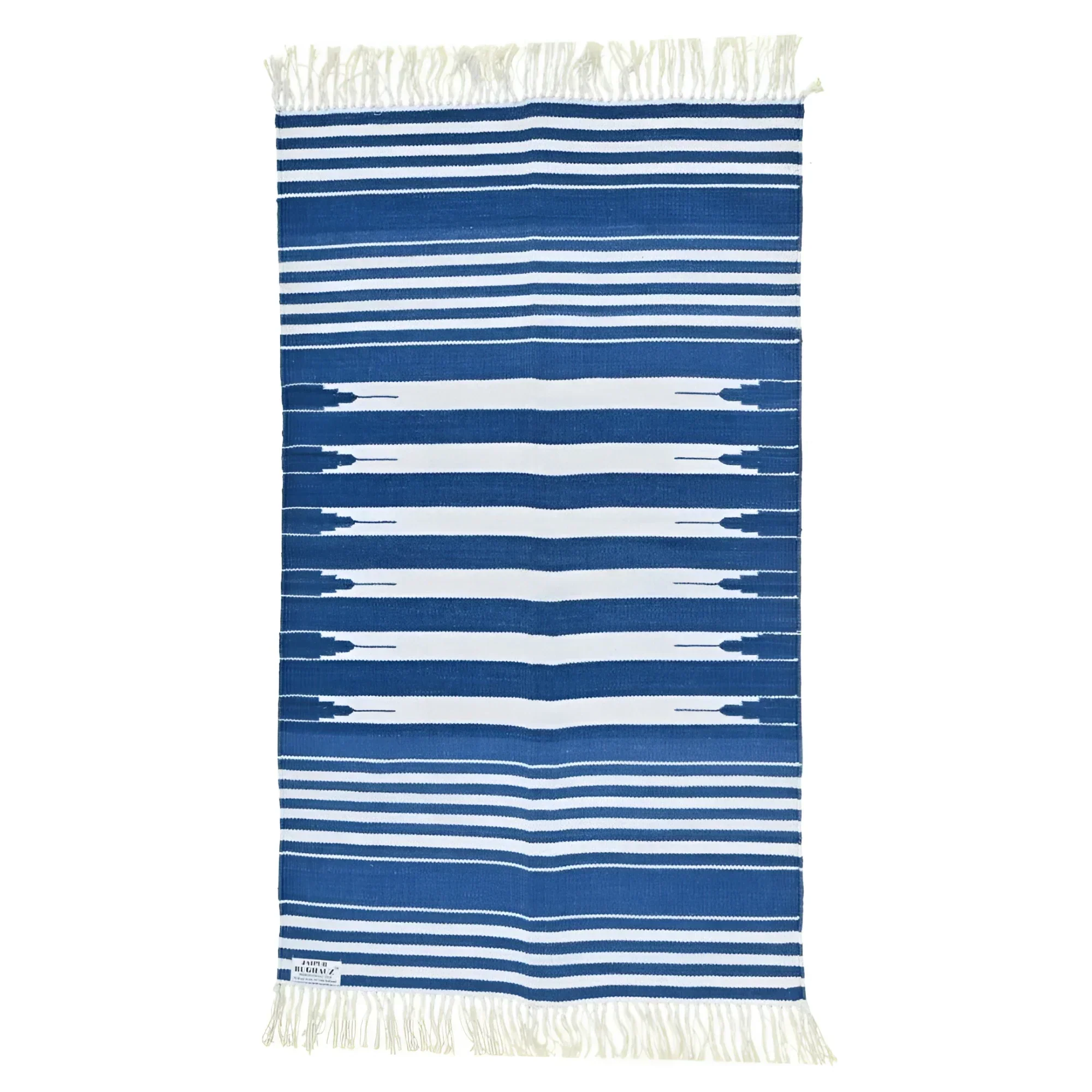 Handwoven Blue and White Stripe Cotton Rug with Fringes - Image 2