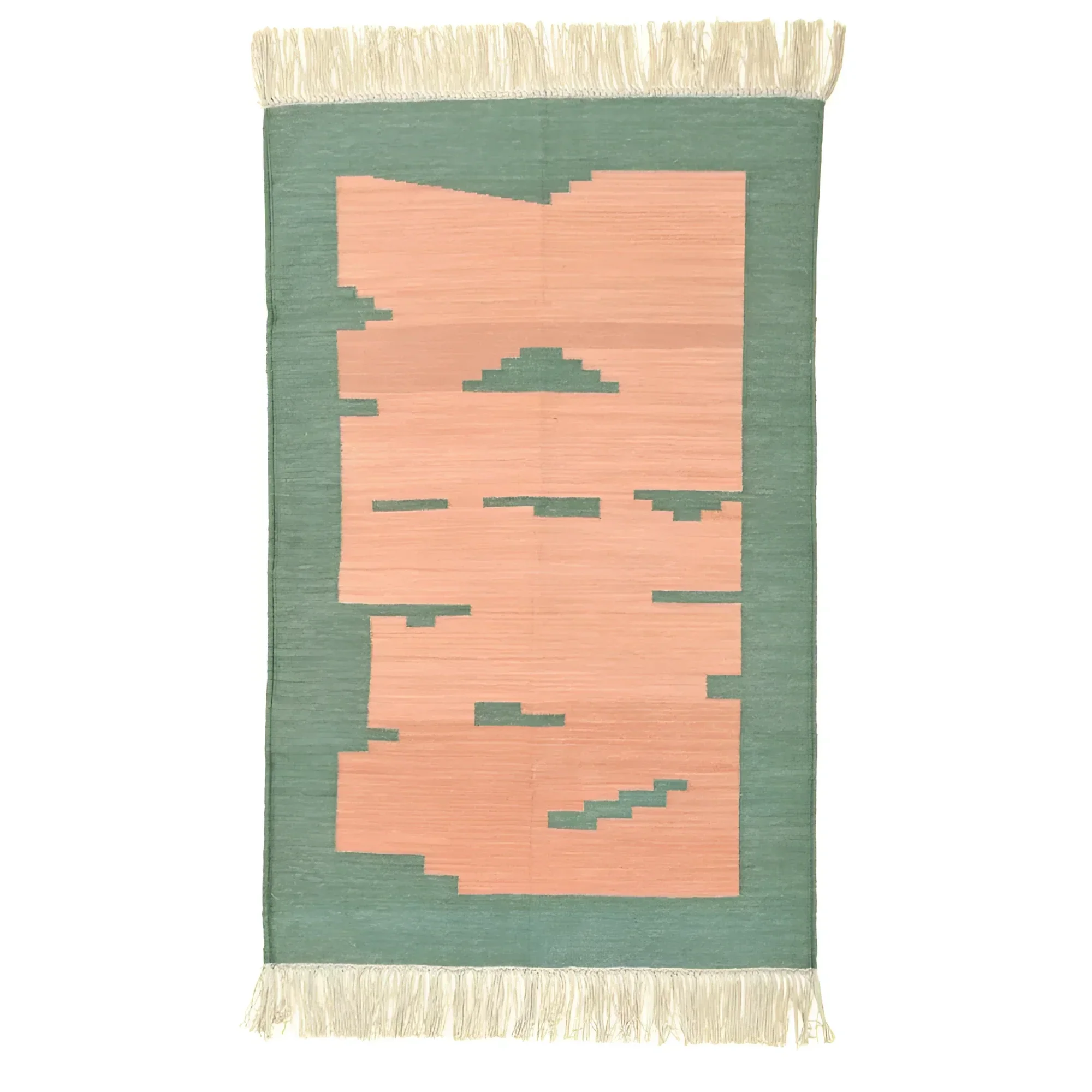 Handwoven Light Green Peachy Fringes Cotton Rug - Image 2
