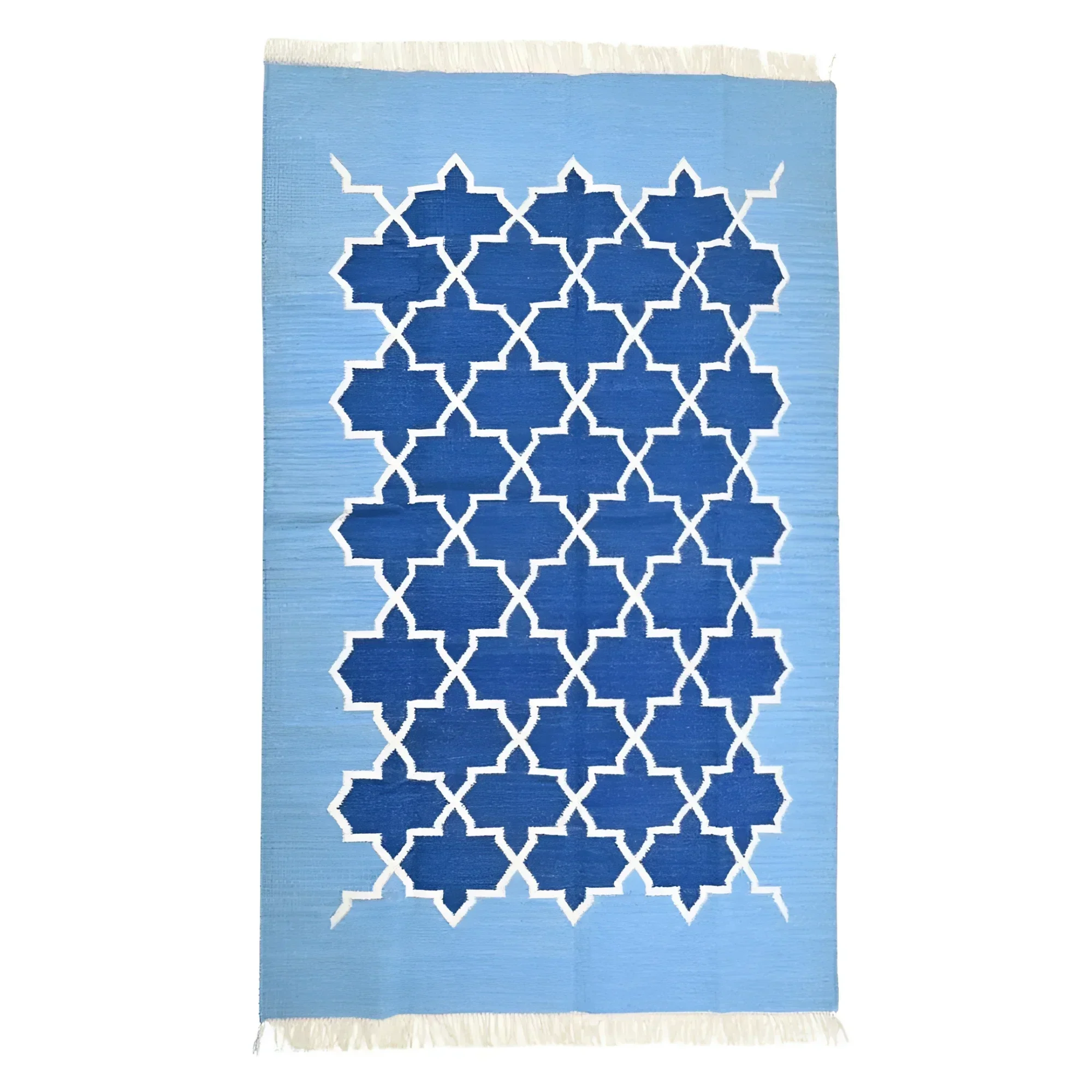 Handwoven Moroccan Blue Tiles Cotton Rug with Fringes - Image 2