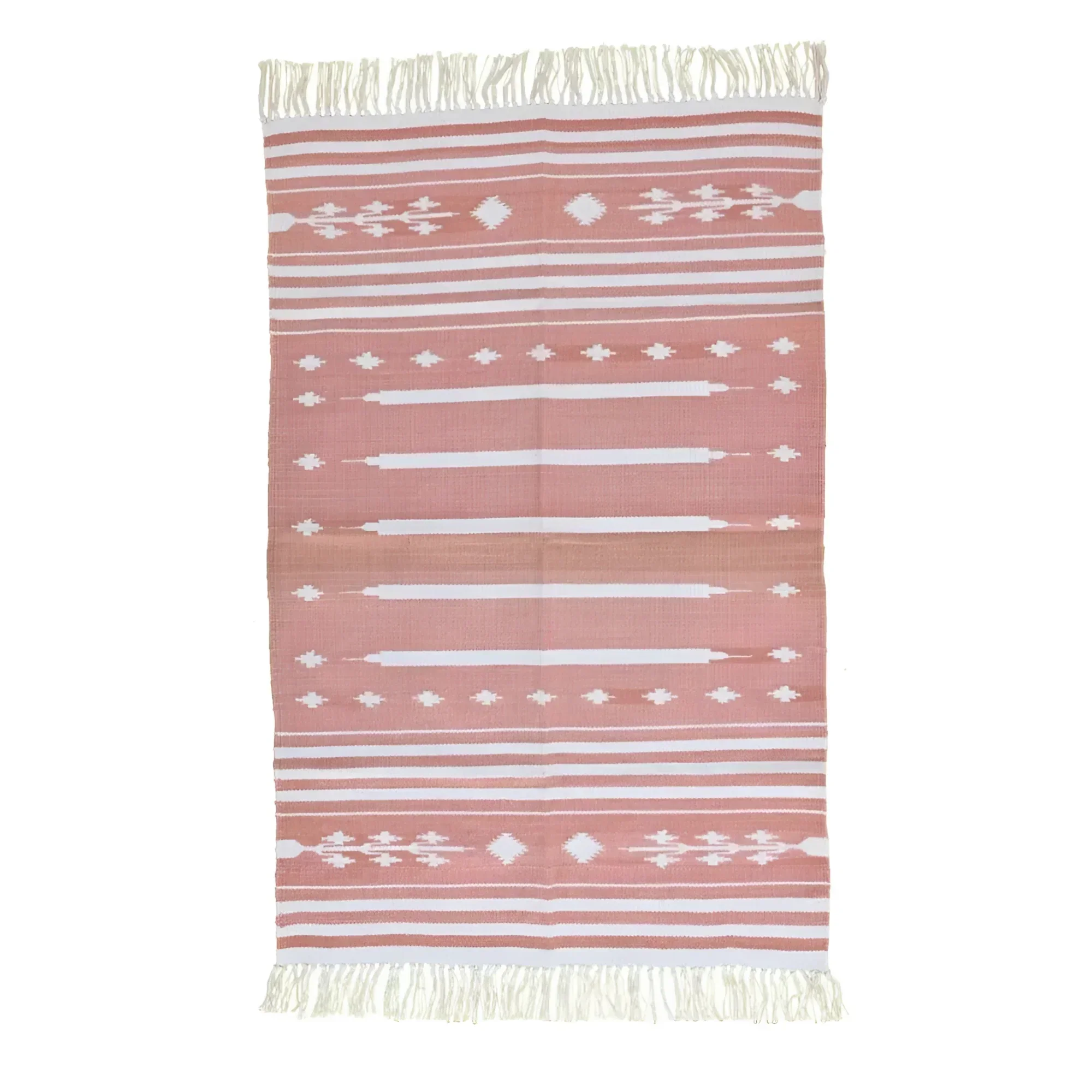 Handwoven Peach and White Patterned Cotton Rug with Fringes - Image 2