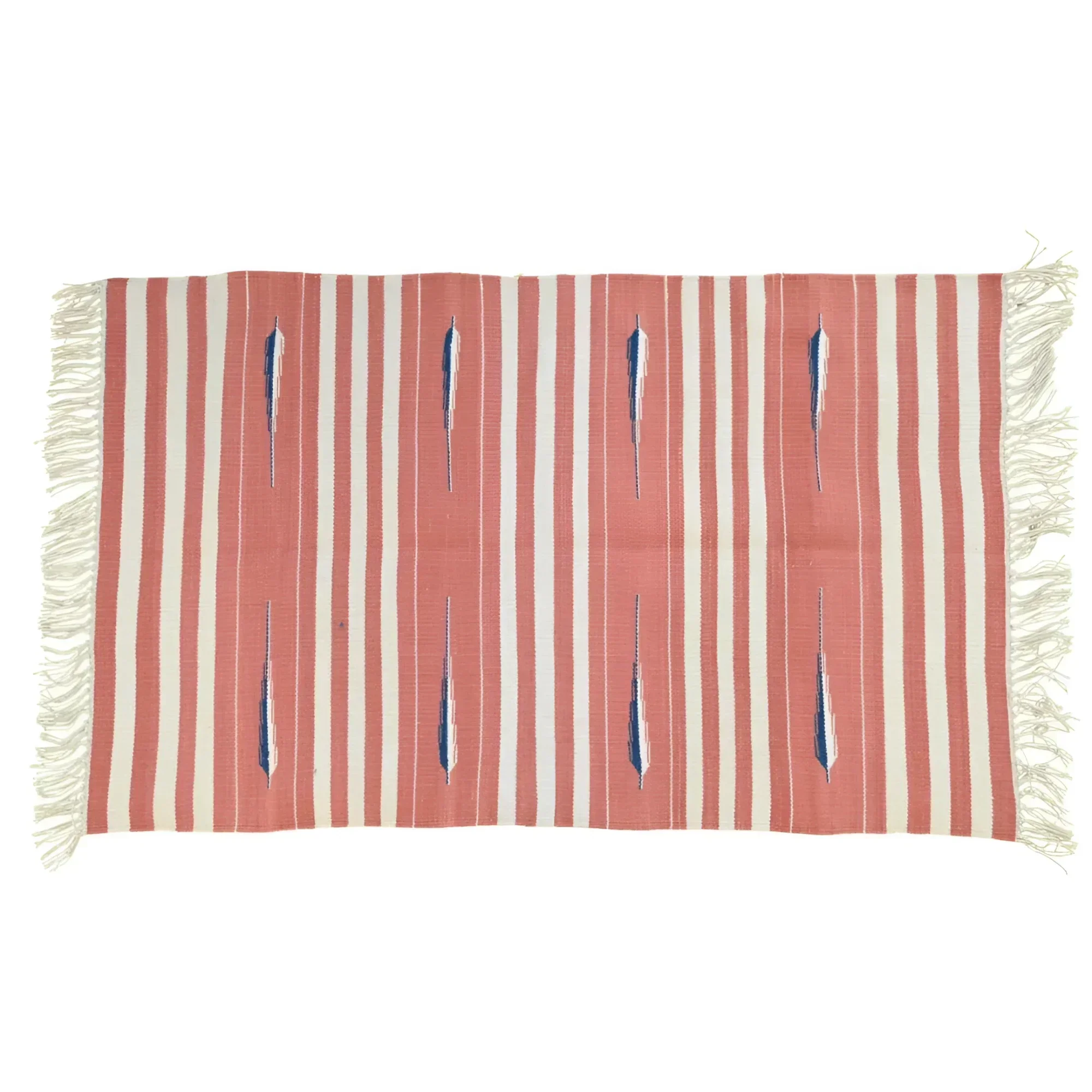 Handwoven Peach and White Tear Drop Cotton Rug with Fringes - Image 2