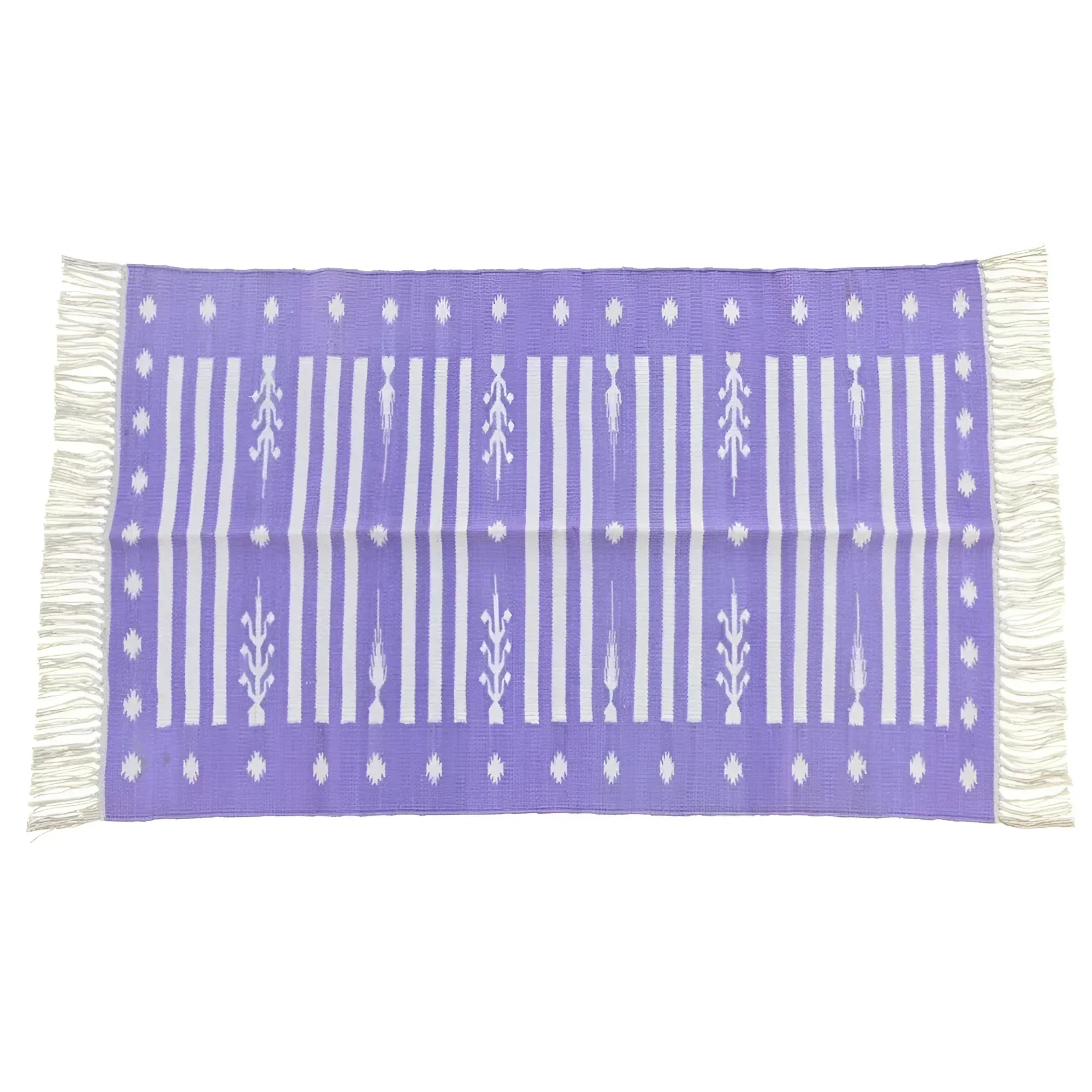 Handwoven Purple and White Stripe Cotton Rug with Fringes - Image 2