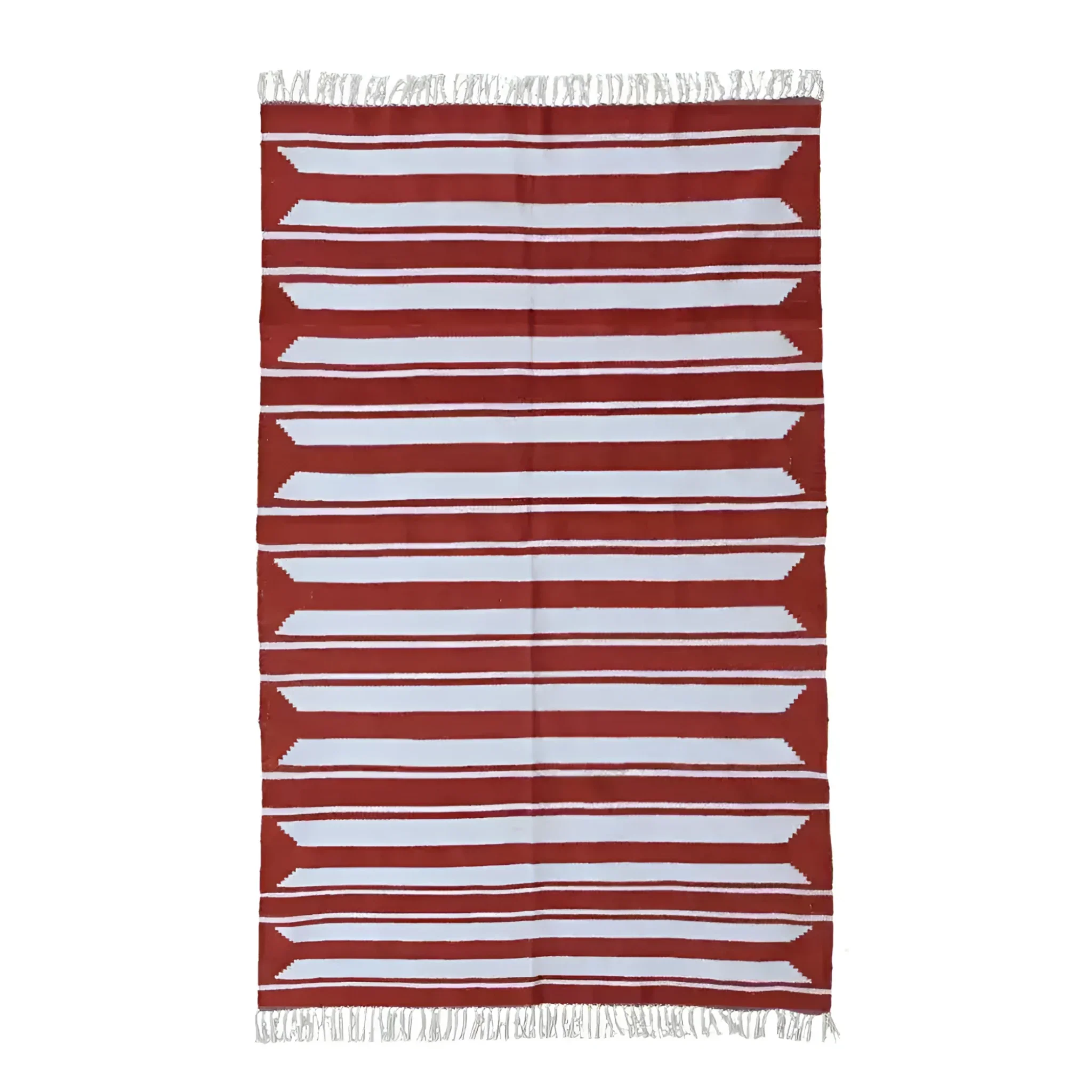 Handwoven Red and White Accent Stripe Cotton Rug with Fringes - Image 2