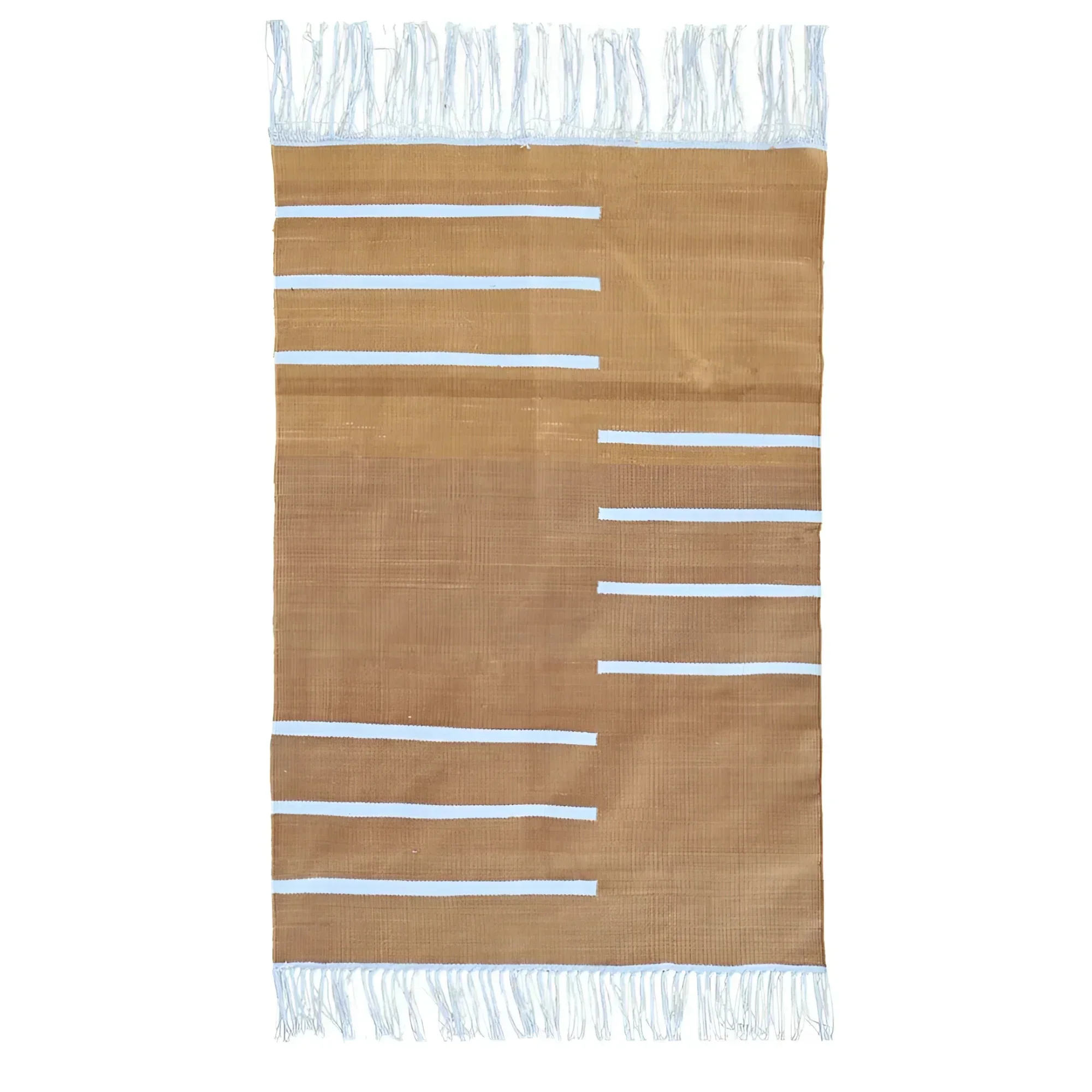 Handwoven Turmeric and White Minimalistic Cotton Rug with Fringes - Image 2