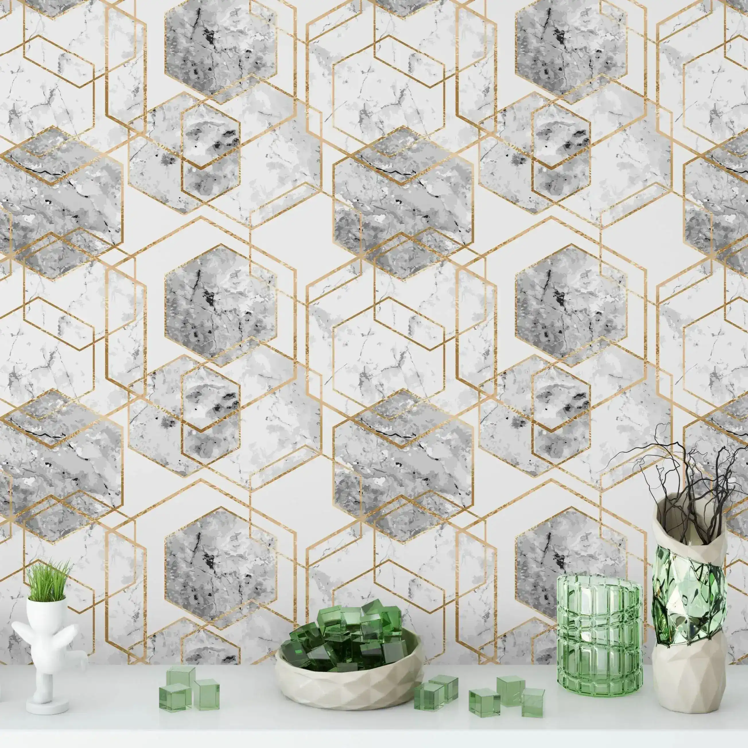 Honeycomb Marble Gold Hexagon Wallpaper - Image 2