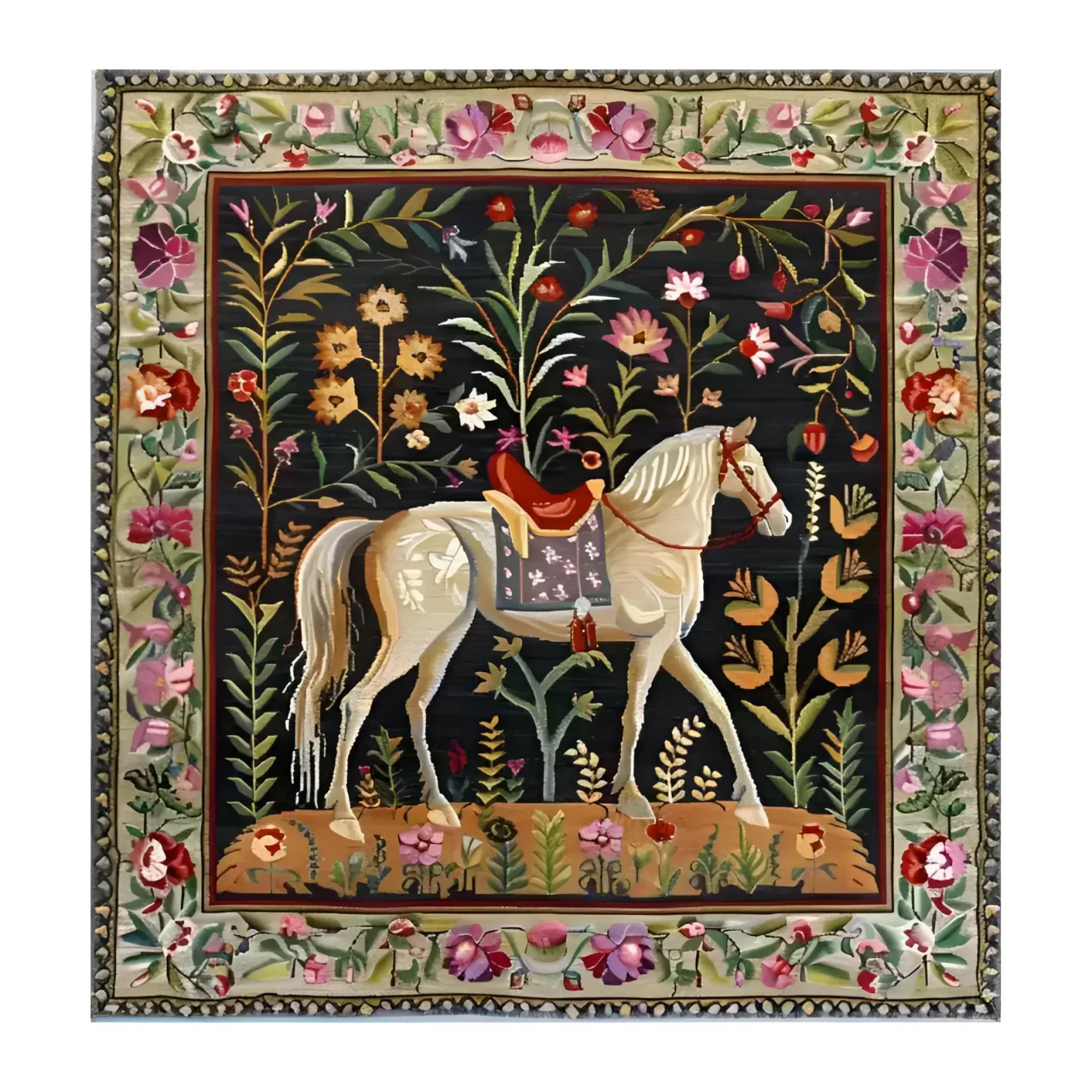 Horse & Blossom Wool Hand Knotted Area Rug - Image 3