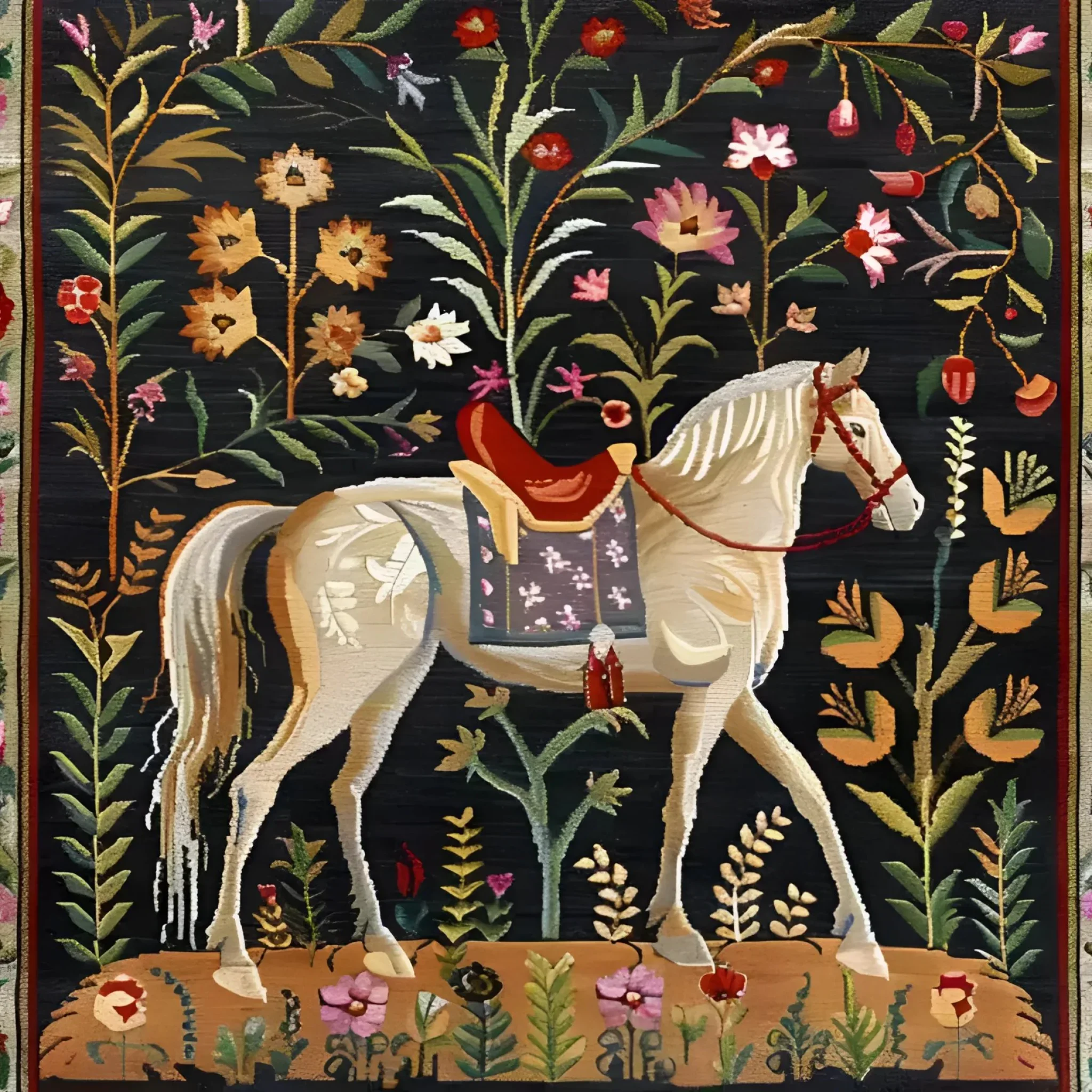 Horse & Blossom Wool Hand Knotted Area Rug - Image 6
