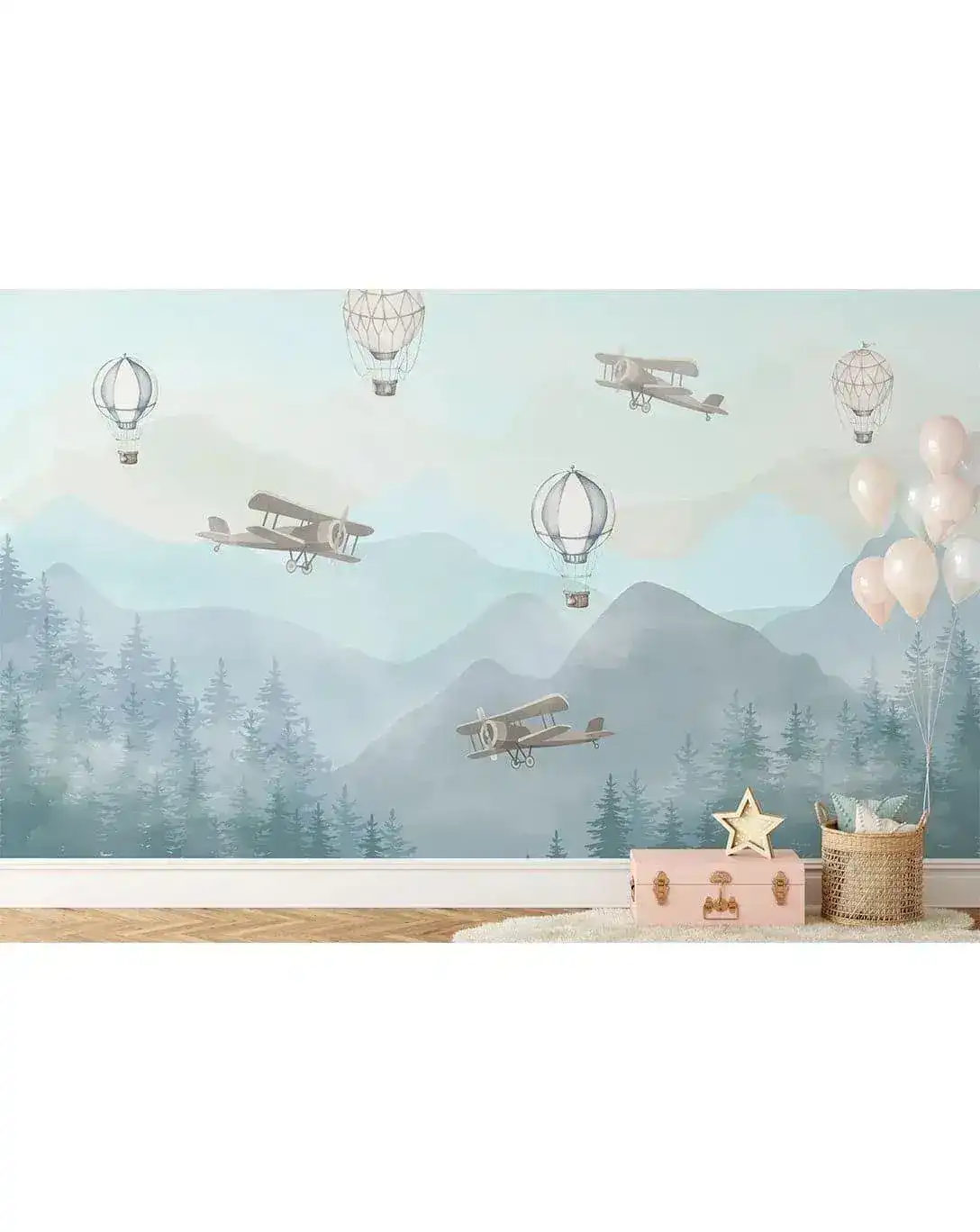 Hot Air Balloons Airplanes and Mountains Self Adhesive Wall Mural - Image 2