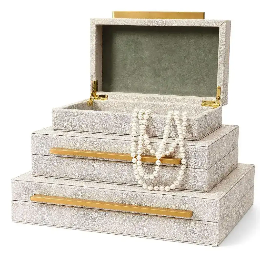 Ivory Faux Shagreen Leather Storage Boxes - Set of 3