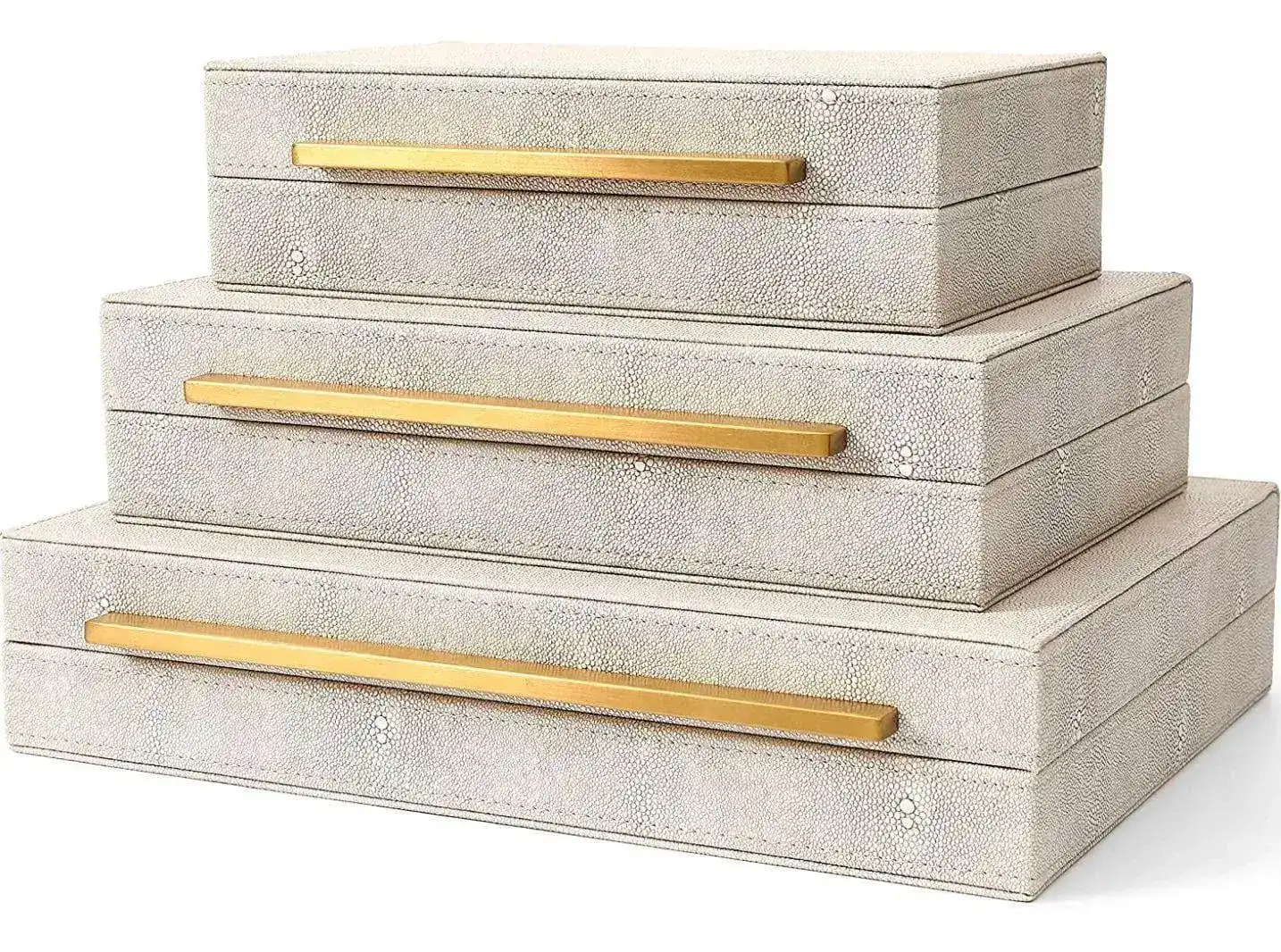 Ivory Faux Shagreen Leather Storage Boxes - Set of 3 - Image 2