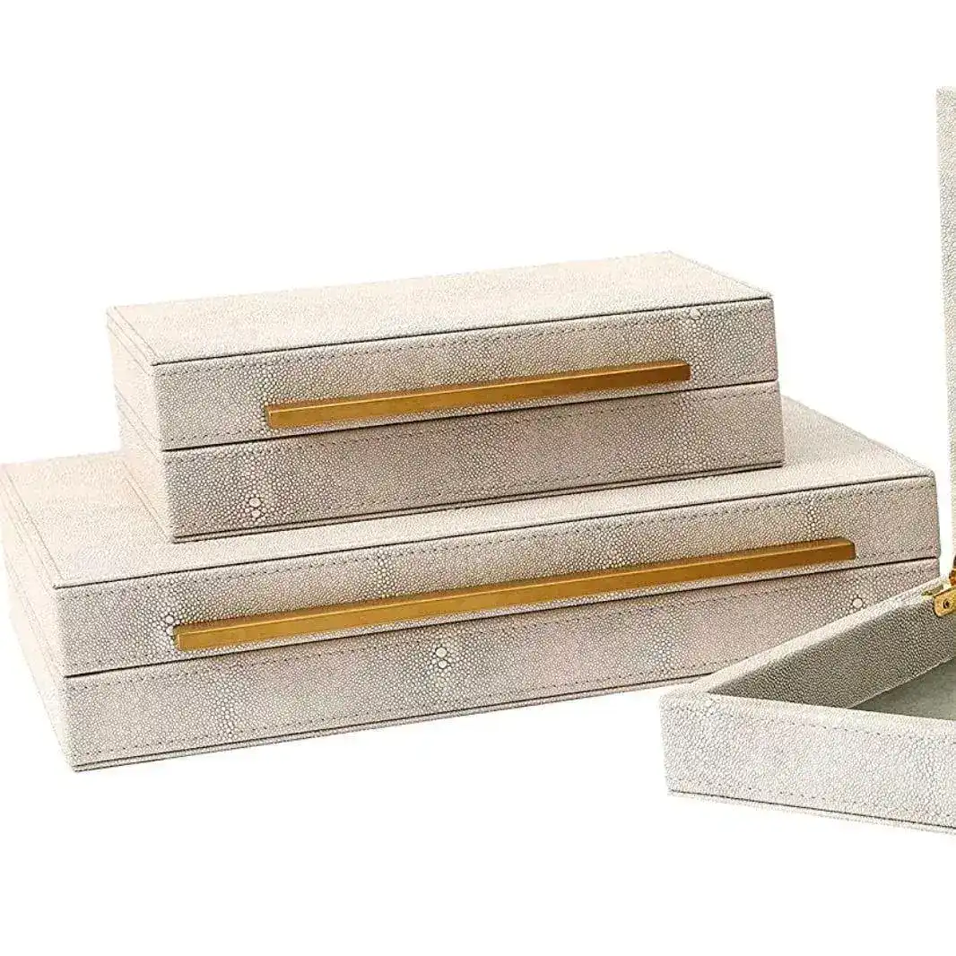 Ivory Faux Shagreen Leather Storage Boxes - Set of 3 - Image 3