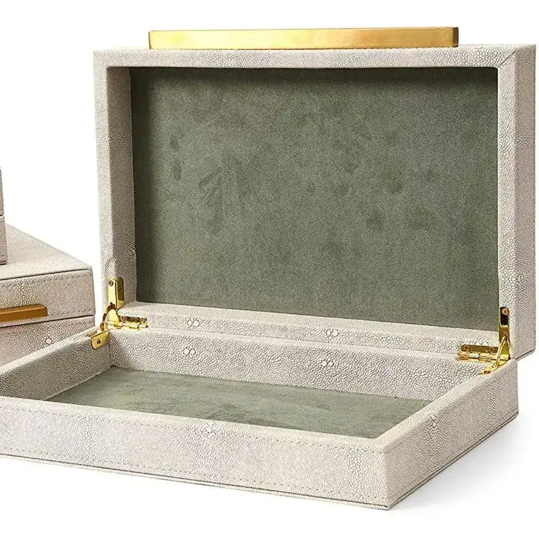 Ivory Faux Shagreen Leather Storage Boxes - Set of 3 - Image 4