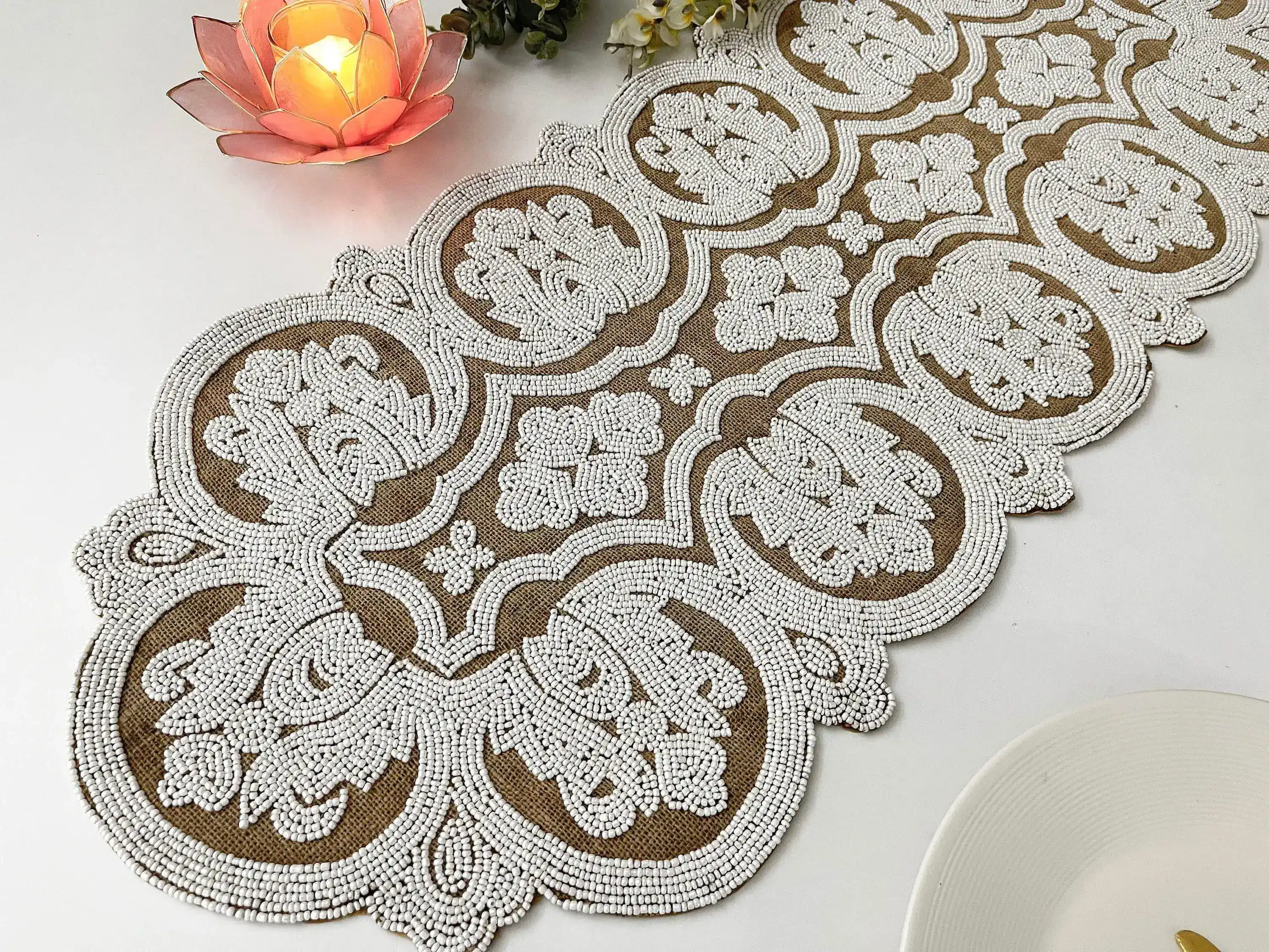 Jessica Pearl Beaded Burlap Table Runner - Image 4