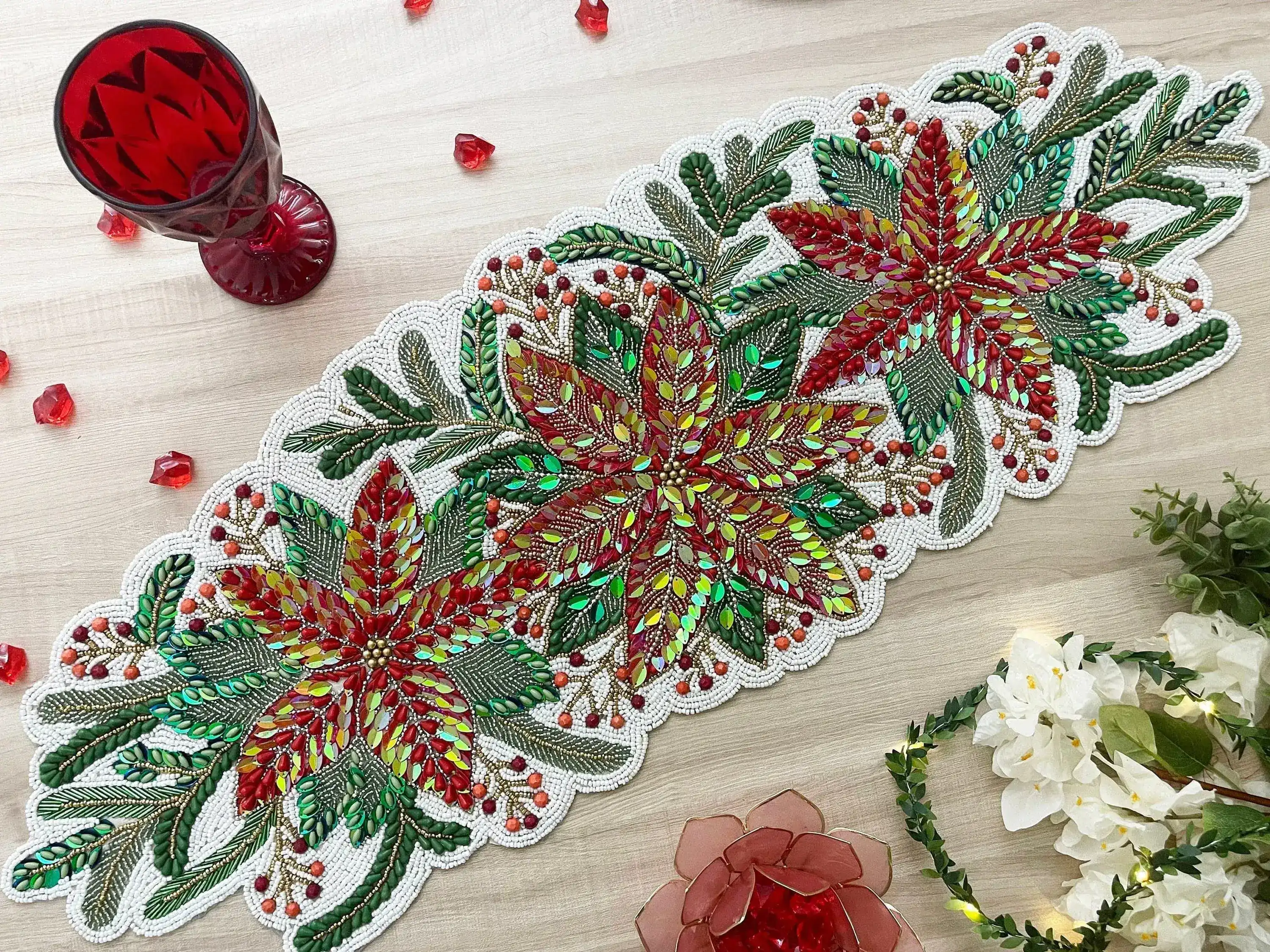 Jingle Leaves Beaded Table Runner