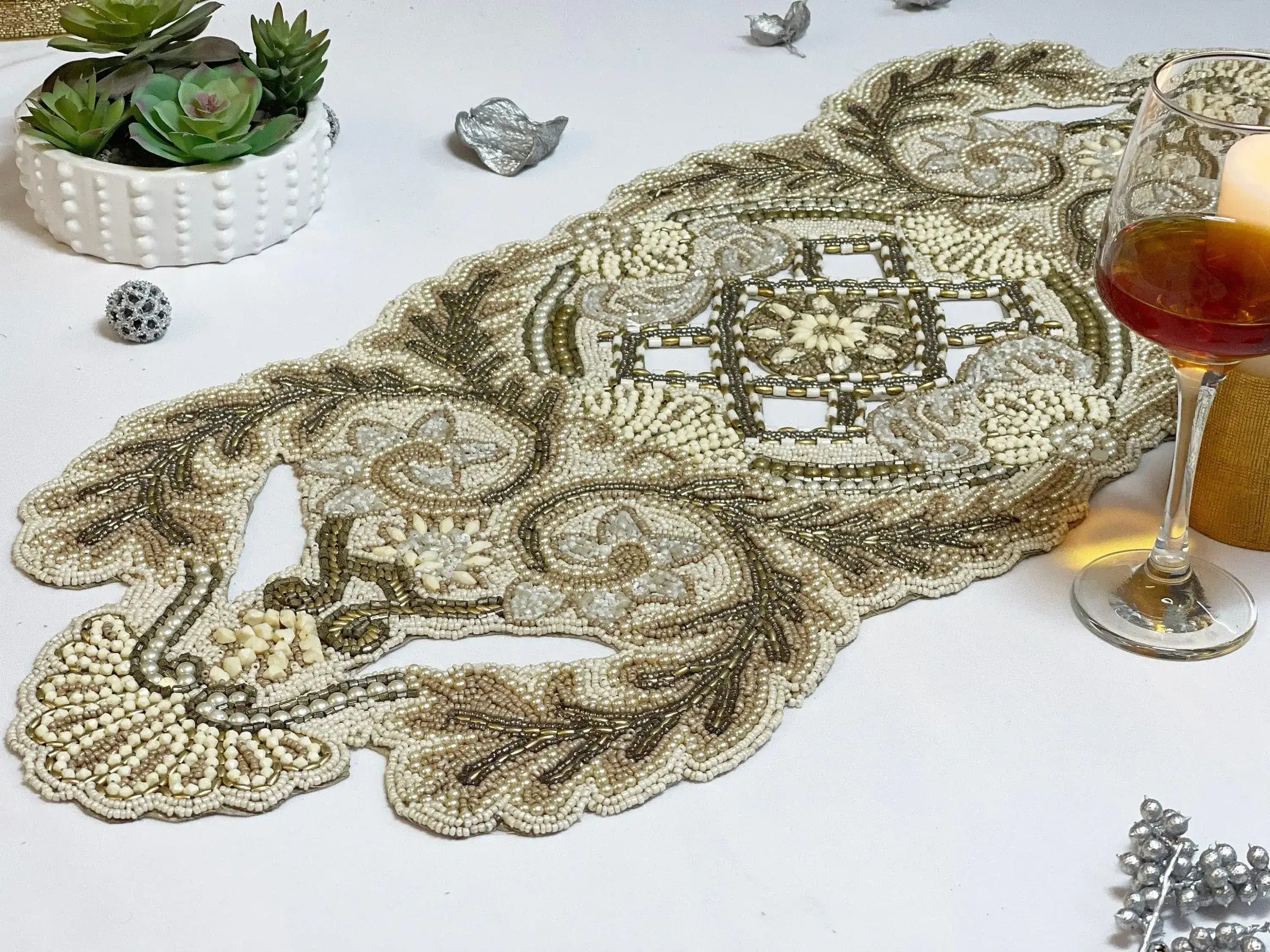 Kingdom Beaded Table Runner Gold/Cream