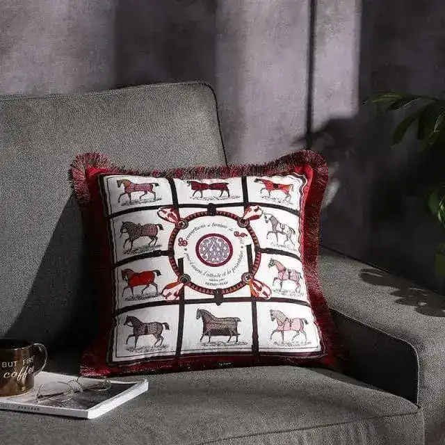Land of the Horses Fringed Velvet Throw Pillow Cover
