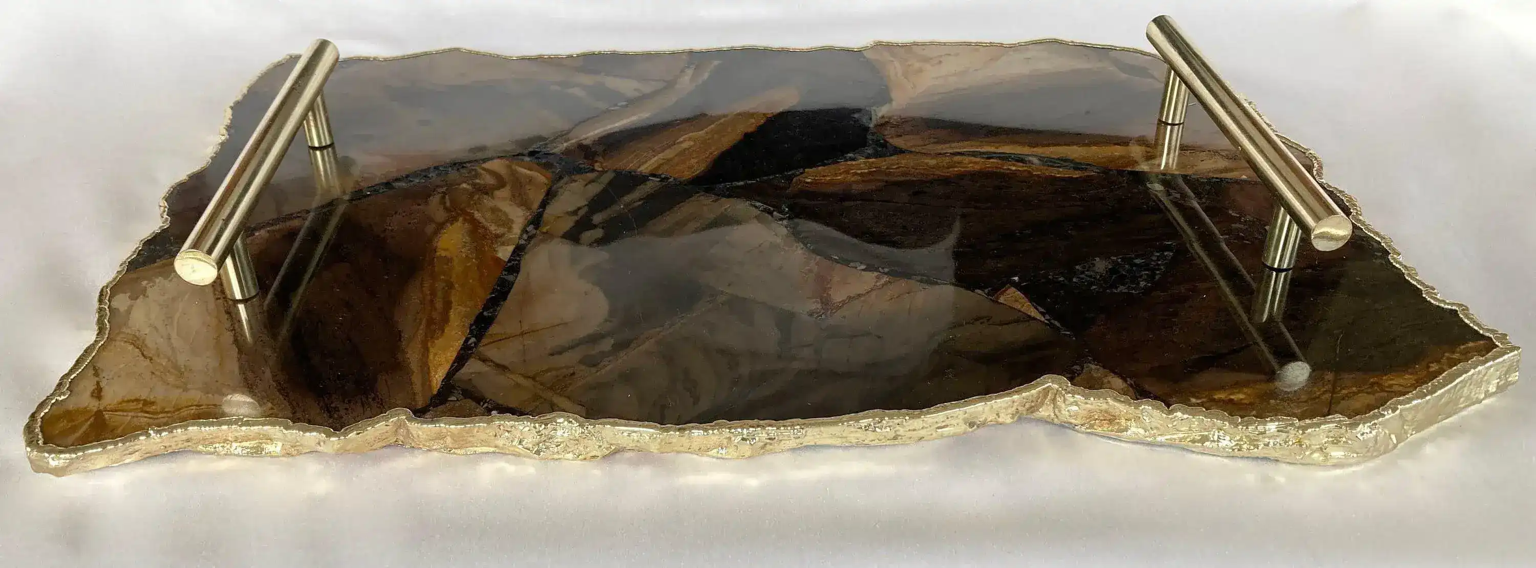 Large Brown Agate Serving Tray With Brass Handles - Image 3