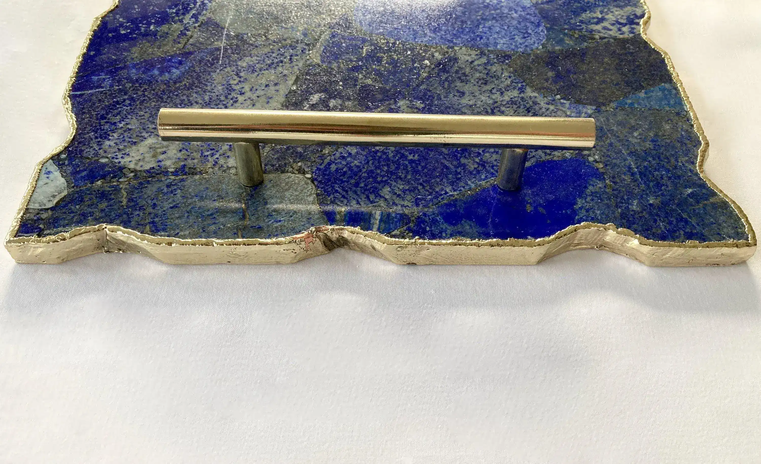 Large Lapis Lazuli Serving Tray With Plain Modern Brass Handles - Image 5